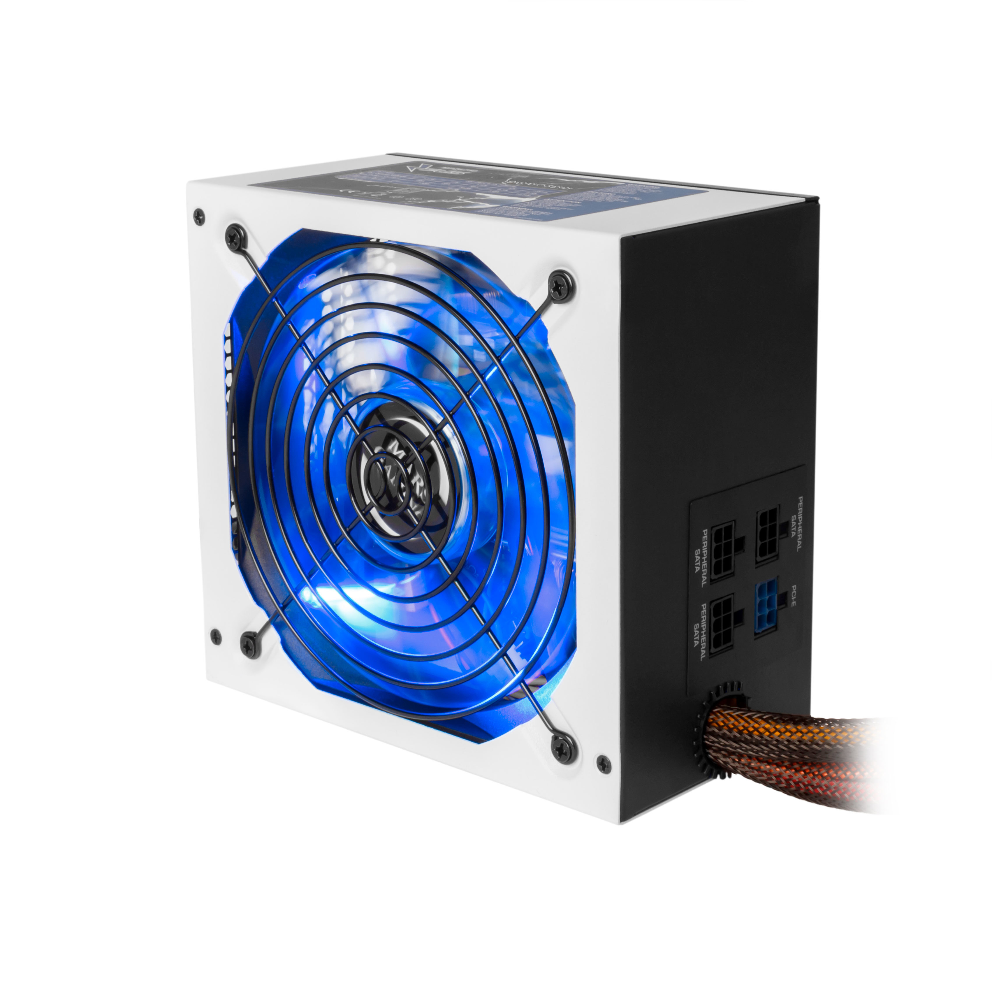 Un alimentatore per computer bianco e nero con ventola blu illuminata e diverse porte di connessione.