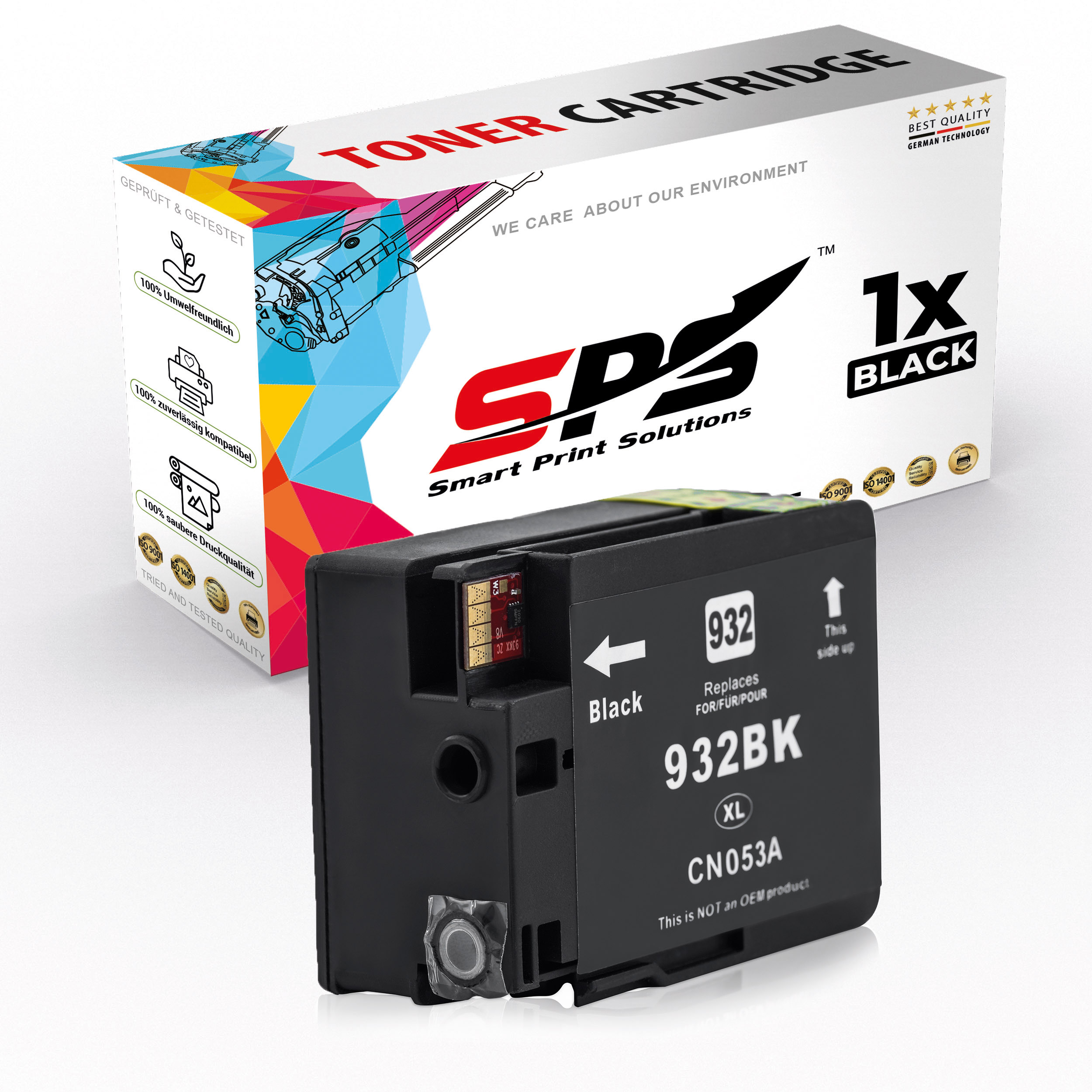 Eine schwarze Tonerkartusche. Auf der Verpackung steht 'Smart Print Solutions' und '1x Black'.