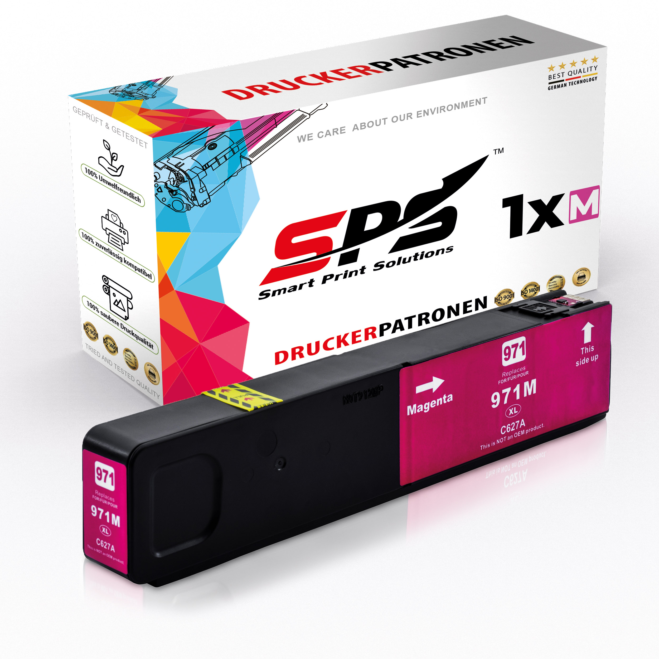 Magenta Tintenpatrone mit einer Box. Text mit Smart Print Solutions und 971M.