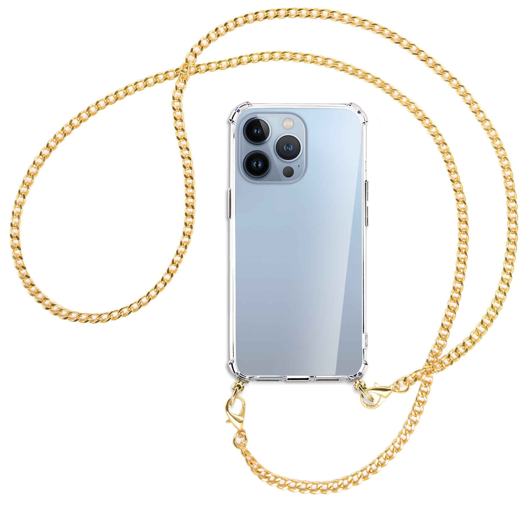 MTB MORE ENERGY Umhänge-Hülle Pro, (goldfarben) iPhone Kette Apple, 13 Metallkette, mit Backcover