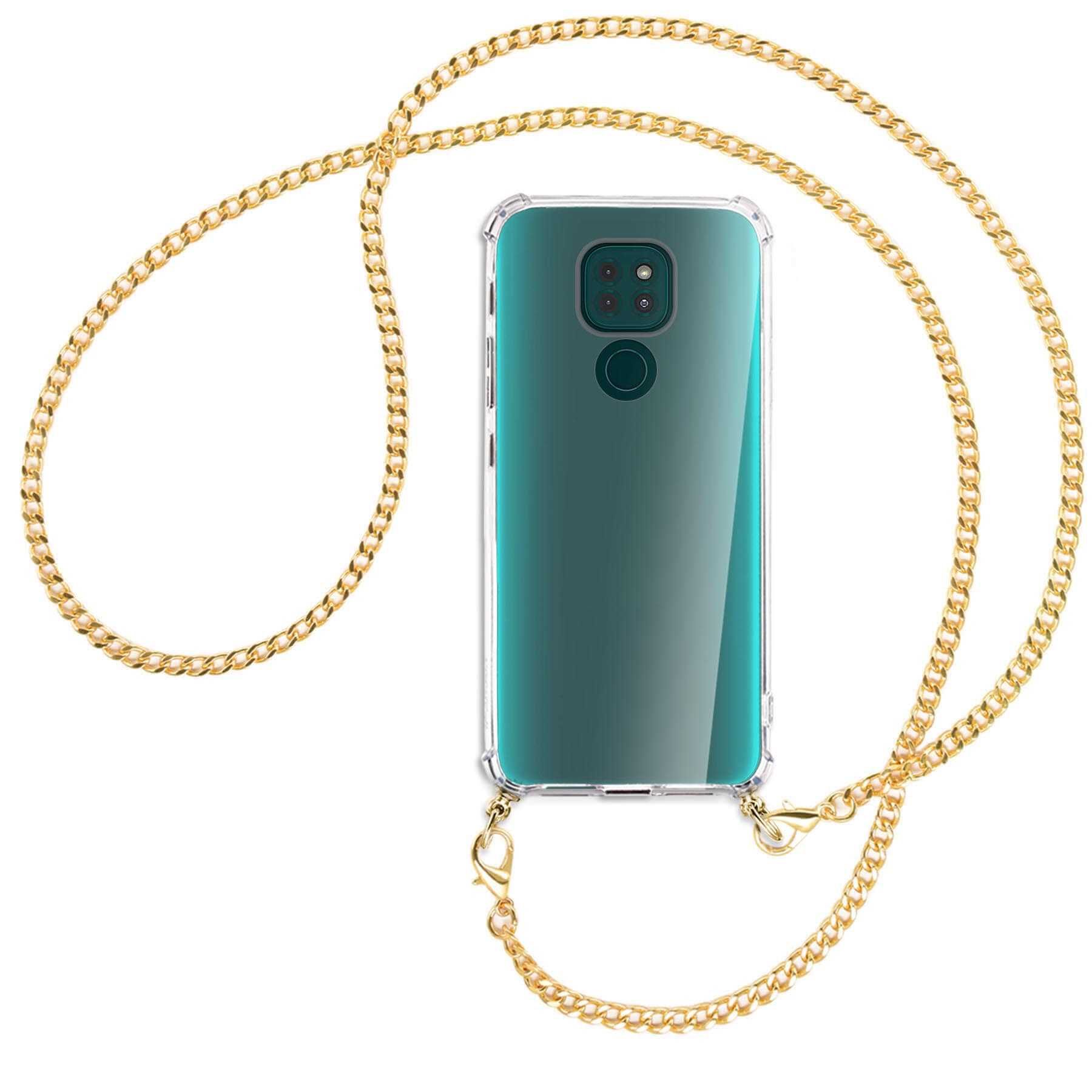 MORE (goldfarben) Motorola, G9 Play, Backcover, MTB Umhänge-Hülle Moto Metallkette, mit ENERGY Kette