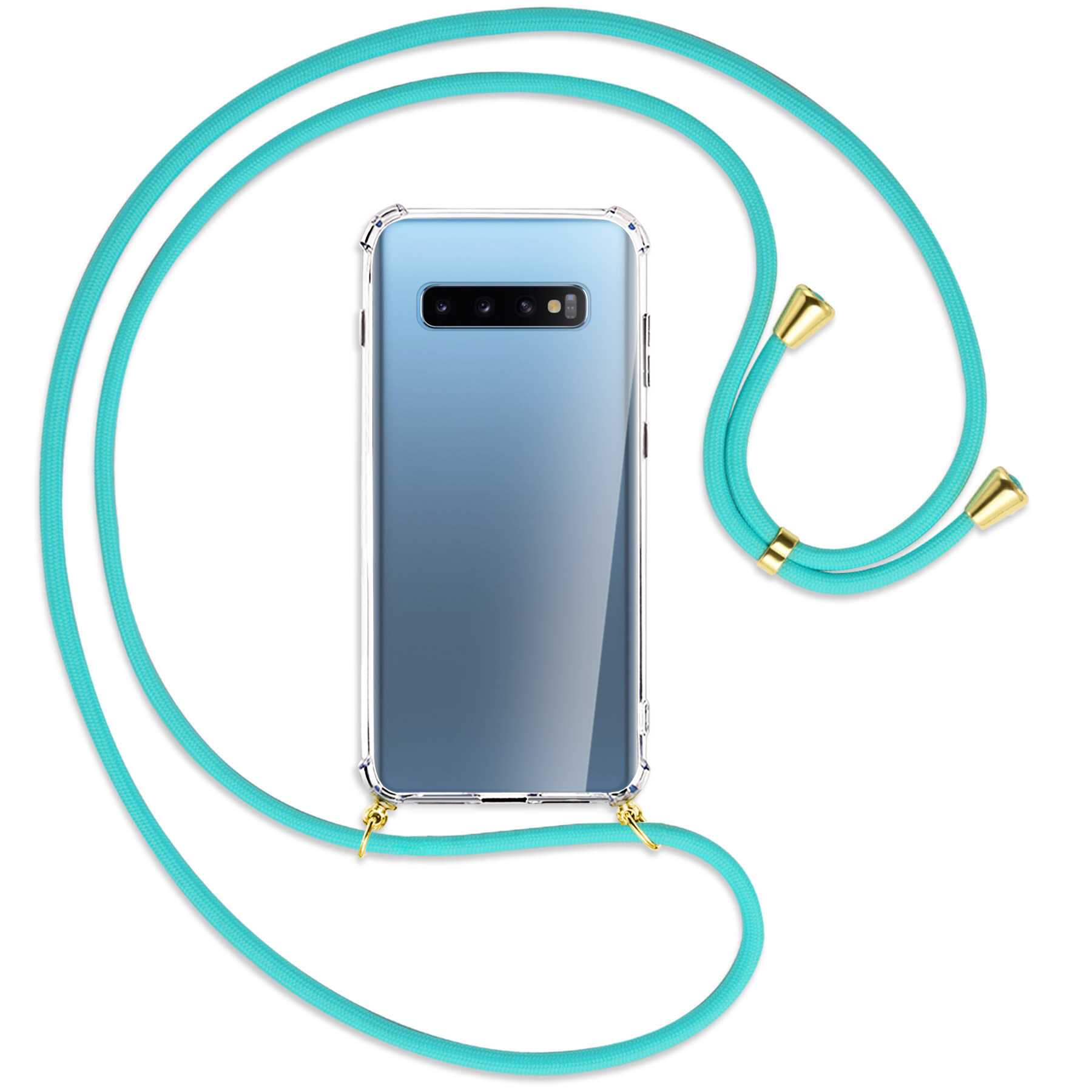 MTB Türkis mit MORE Samsung, Umhänge-Hülle Plus, Backcover, ENERGY S10 Gold Kordel, / Galaxy