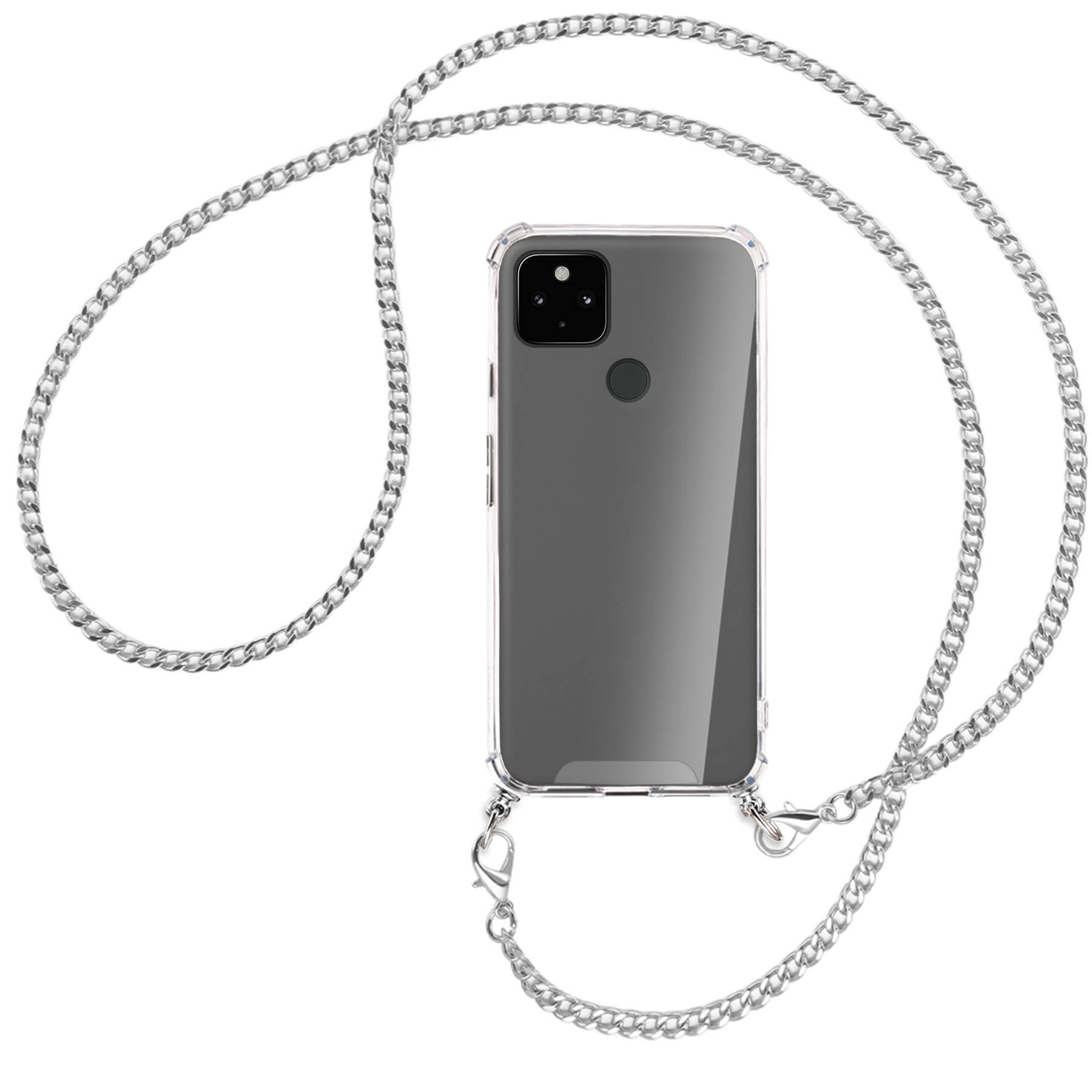 (silberfarben) MTB mit Umhänge-Hülle MORE ENERGY Google, Metallkette, 4a Kette 5G, Pixel Backcover,