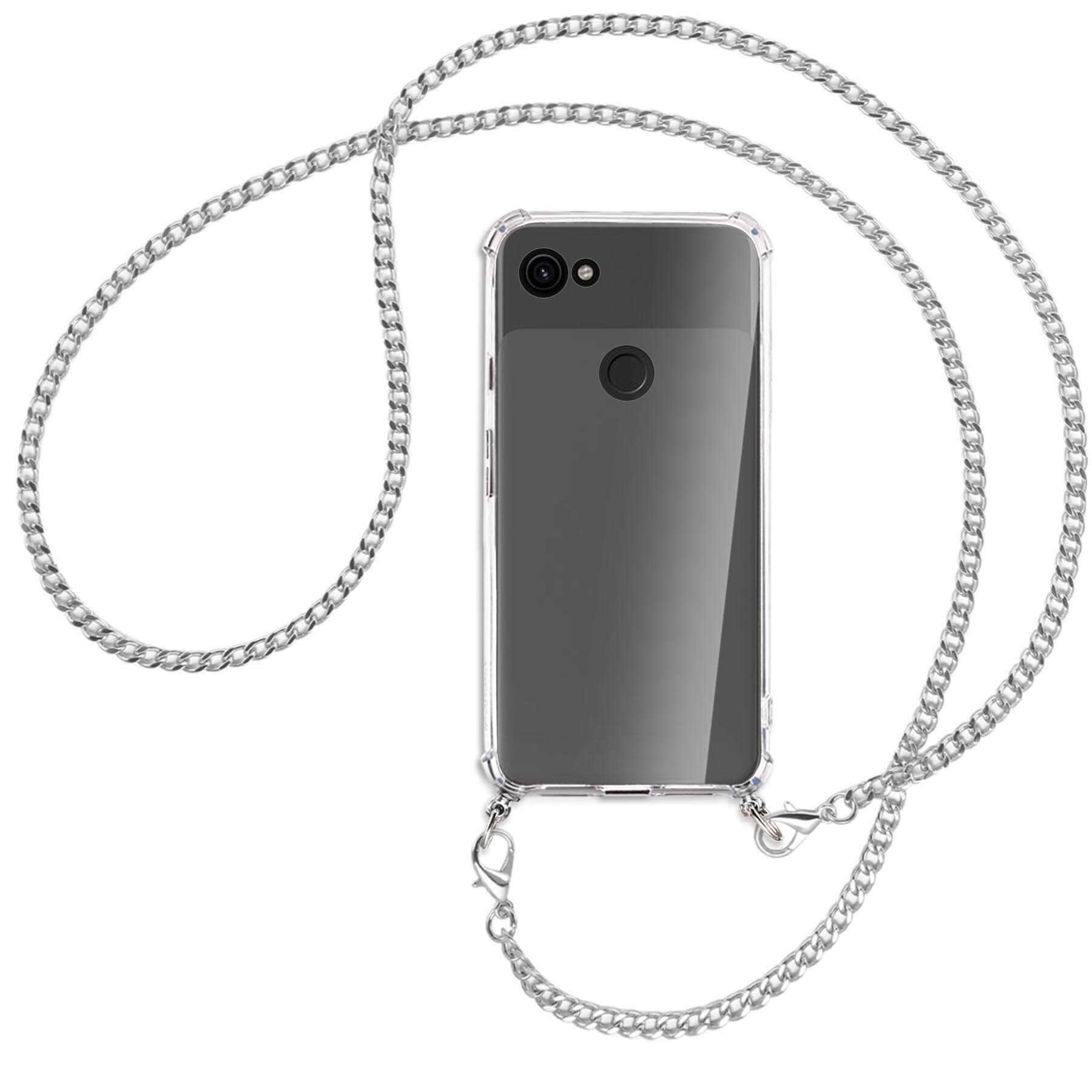 Telefon mit silberner Kette. Das Telefon hat eine transparente Hülle.