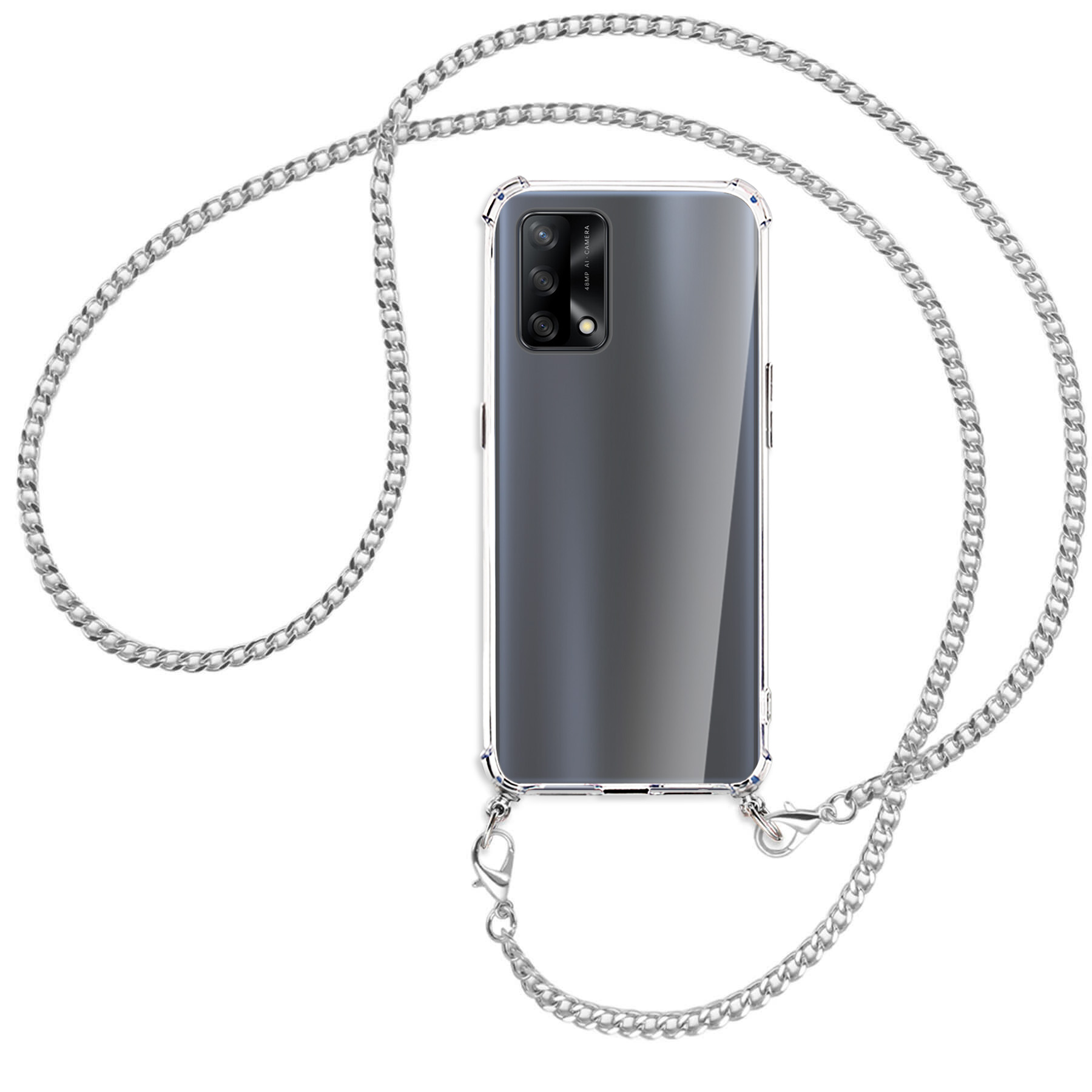 Silberkette-Handyhülle. Das Telefon ist drin. Weißer Hintergrund. Die Kette hängt.