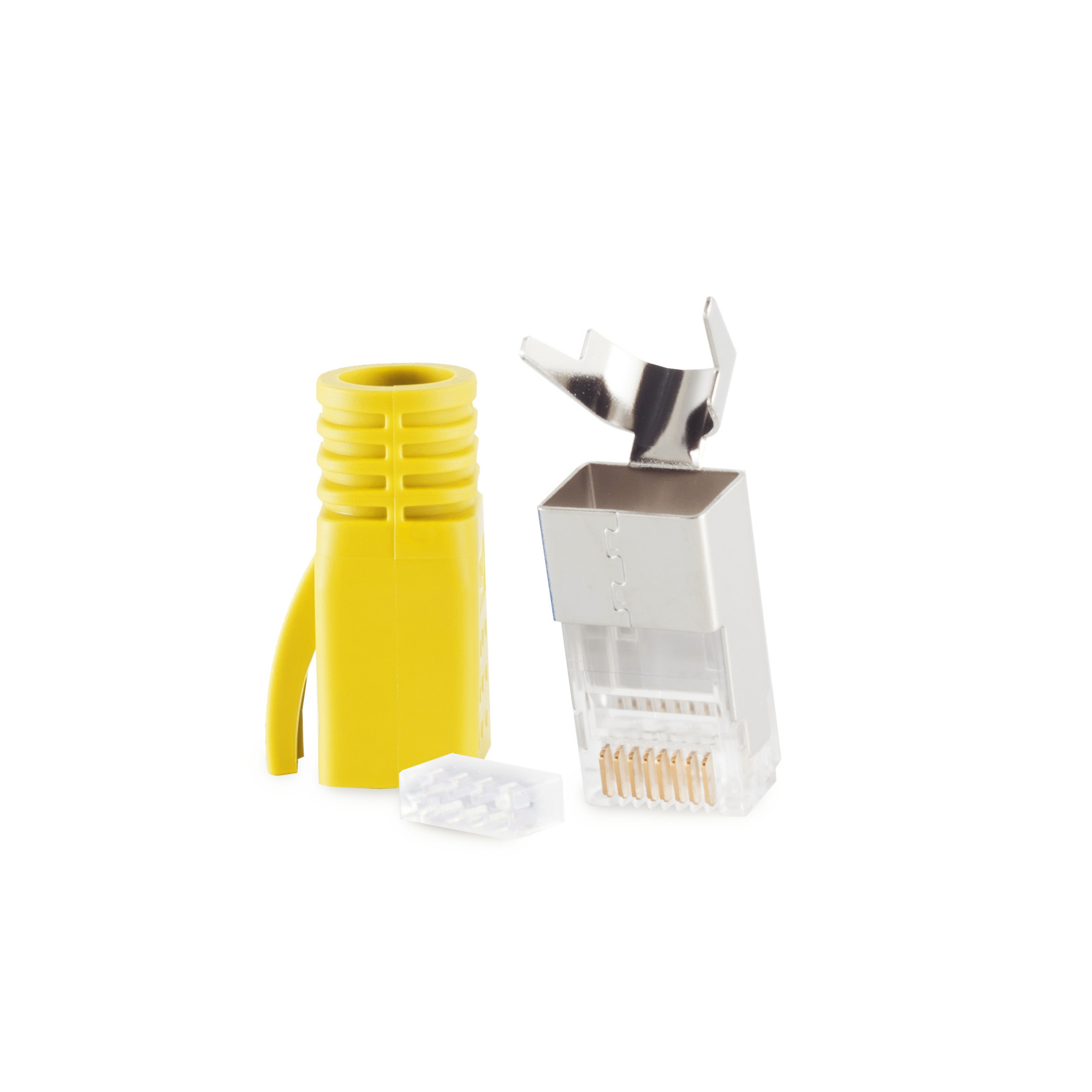Gelber RJ45-Stecker. Hat eine Schutzhülle, ein klares Kunststoffteil und einen Metallverbinder.