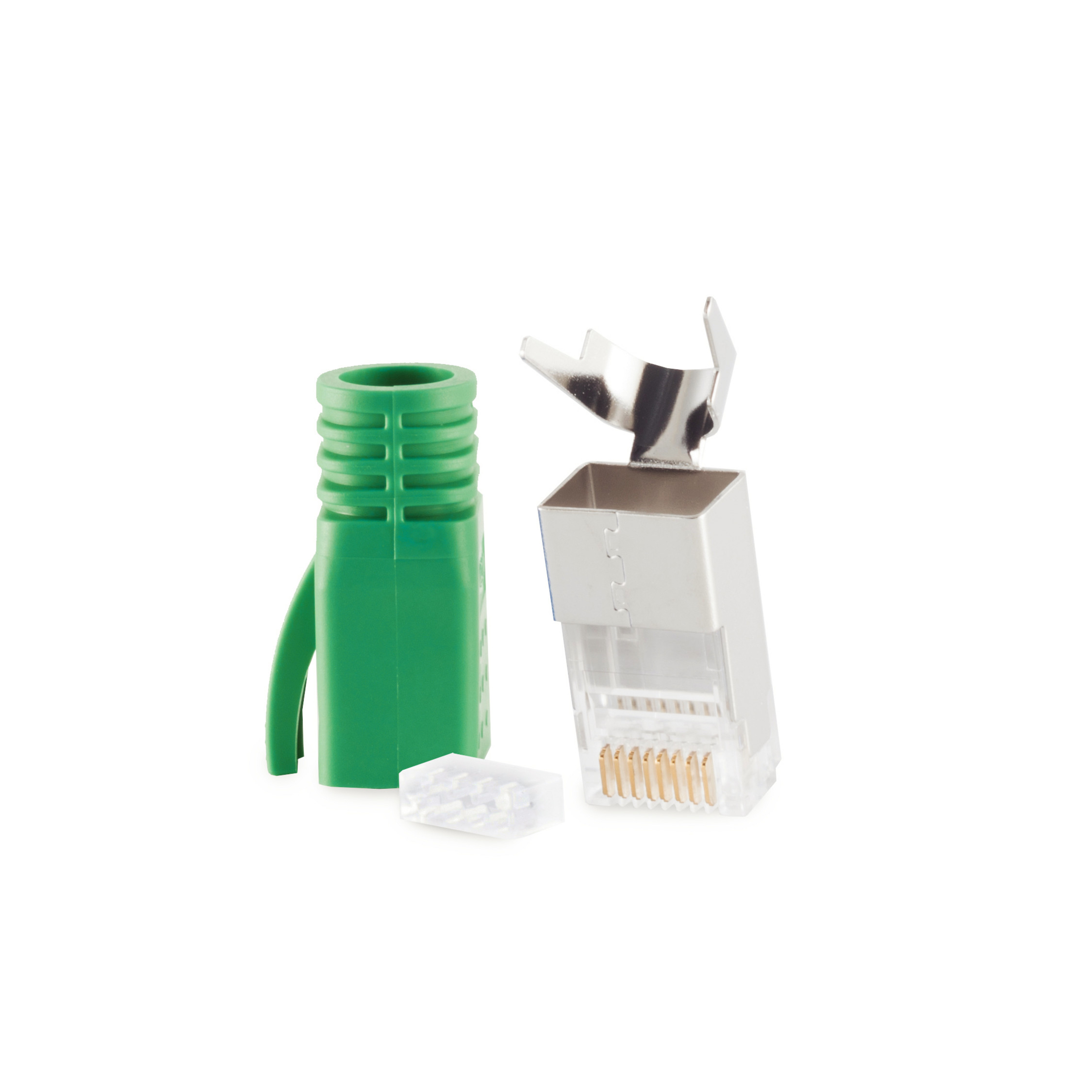 Ein RJ45-Stecker mit grüner Schutzhülle und seine zerlegten Teile auf einer weißen Oberfläche.
