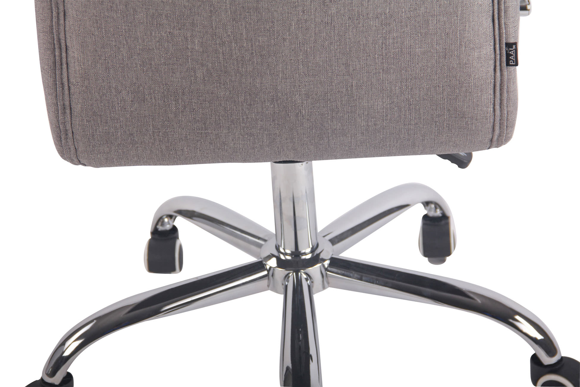 Bürostuhlsockel, Chrom-Finish, mit Rollen. Graue Rückenlehne sichtbar.