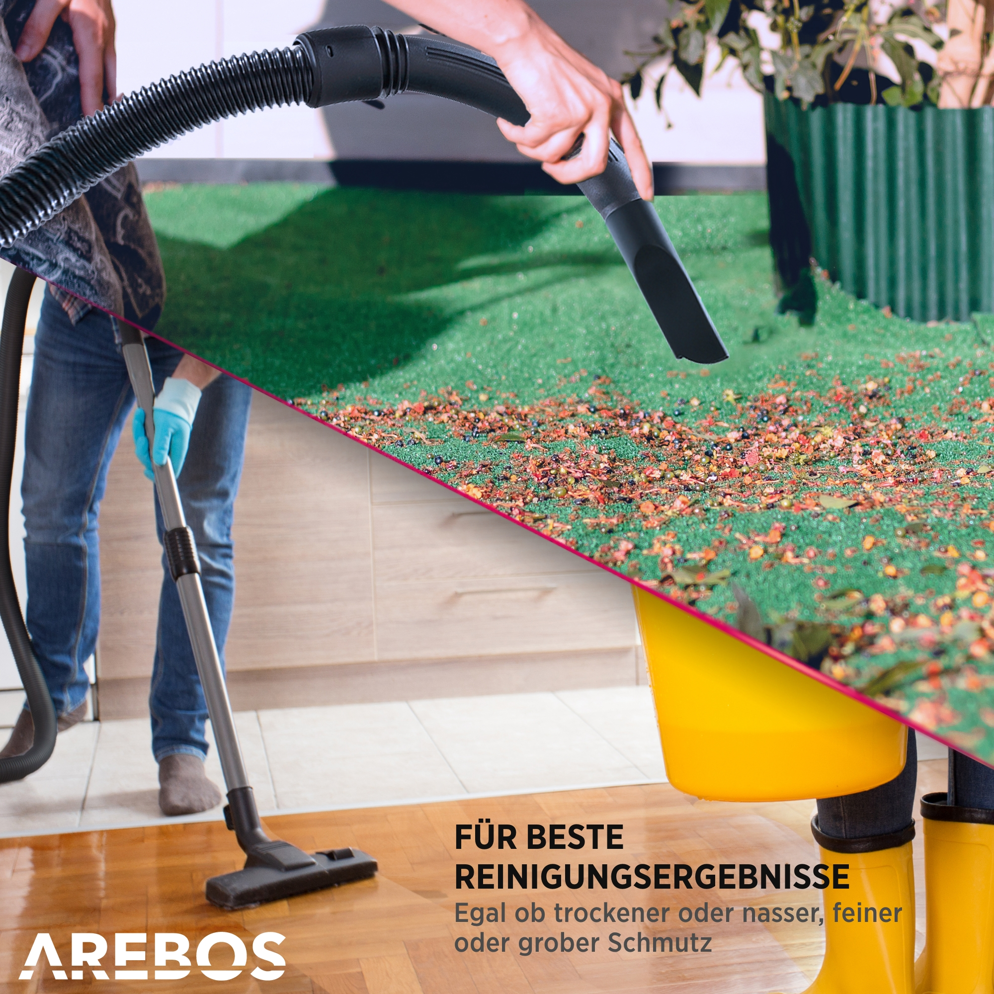 Zwei Bilder: Eine Person, die einen Boden saugt und die Ergebnisse. Text sagt 'Beste Reinigungsergebnisse'.