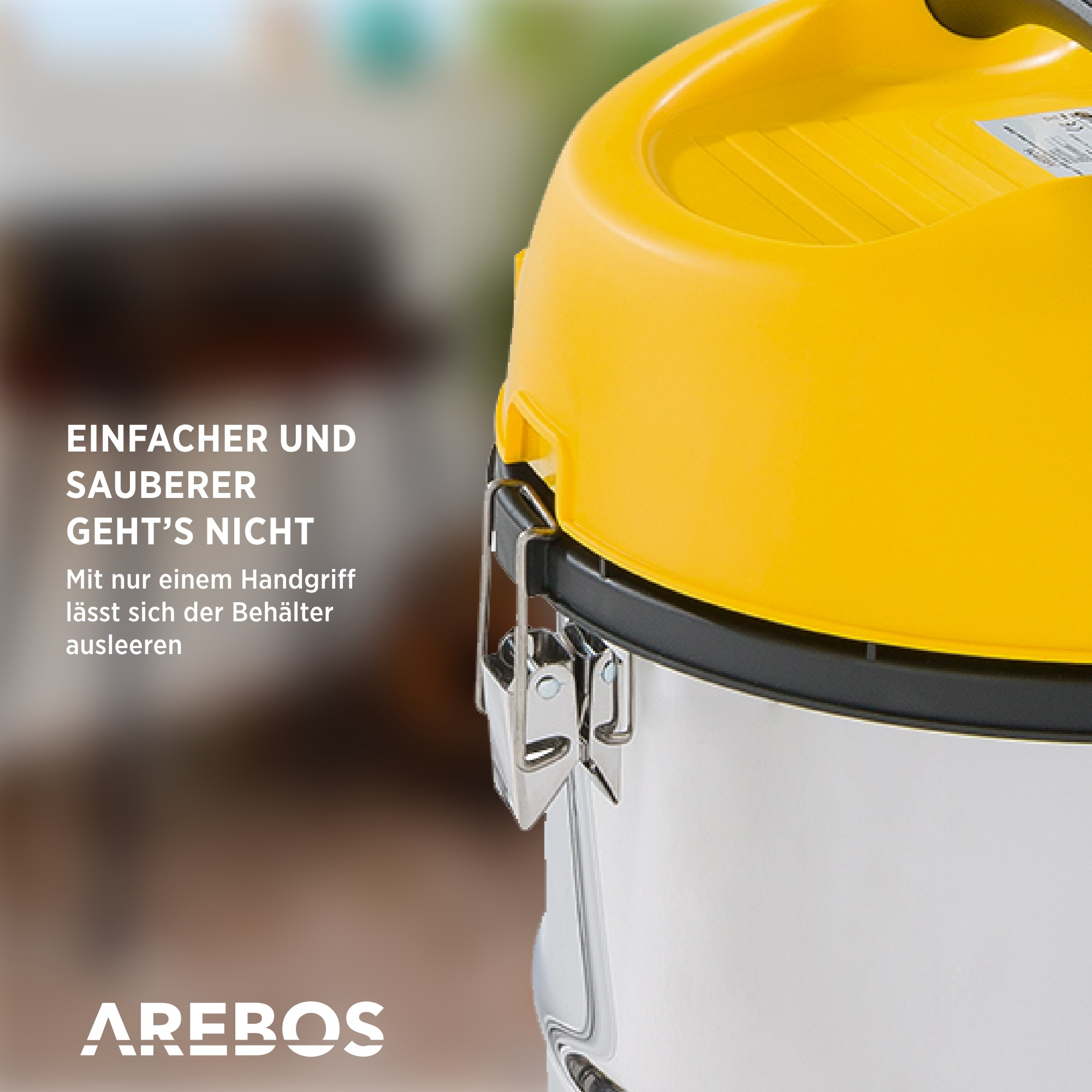 Gelb-silberner Staubsauger. Der Text beschreibt das einfache Entleeren des Behälters.