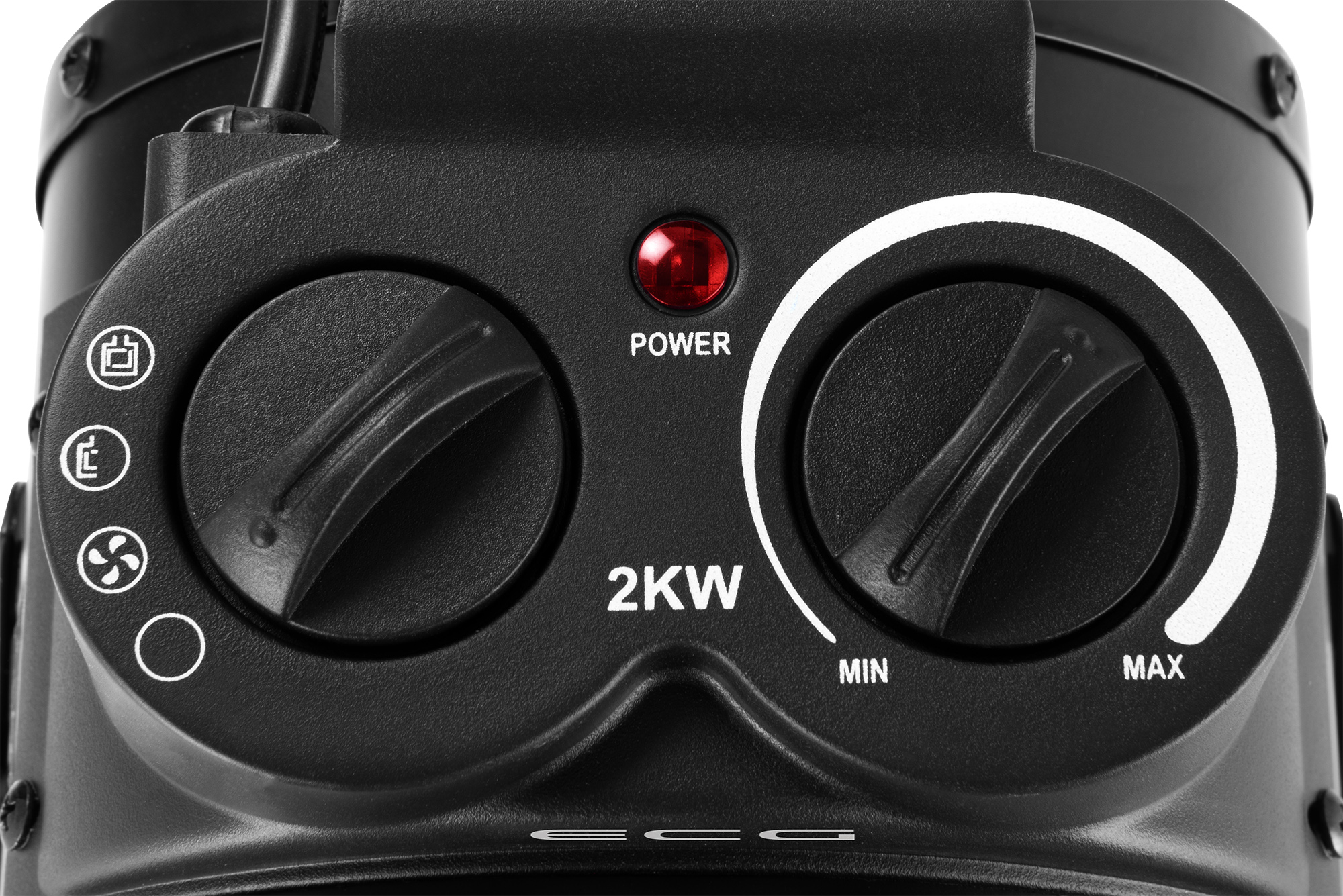 Czarny panel sterowania grzejnikiem z pokrętłami, wskaźnikiem zasilania i oznaczeniem 2KW.