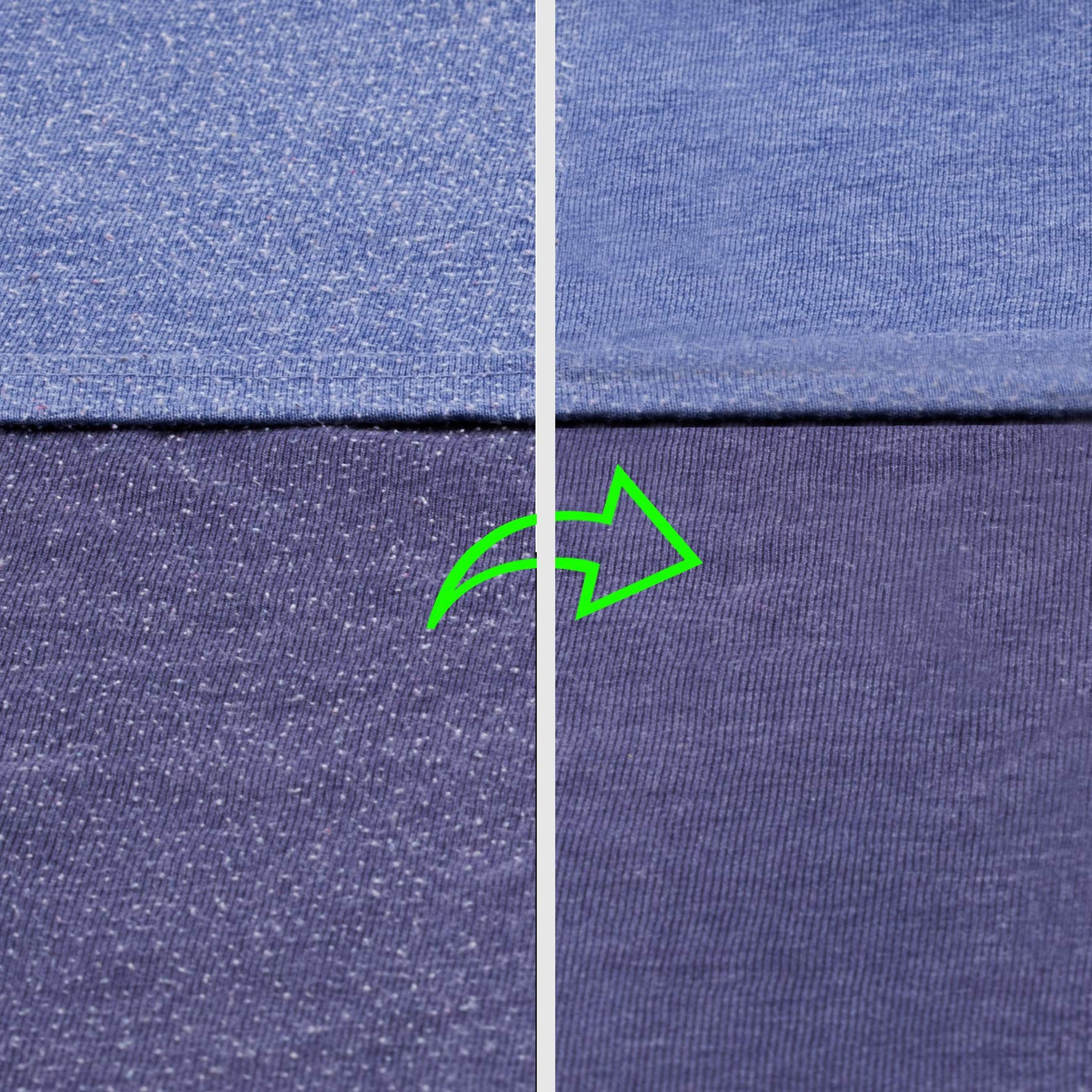 Primer plano de tela antes y después de quitar la pelusa. Tela azul y morada.