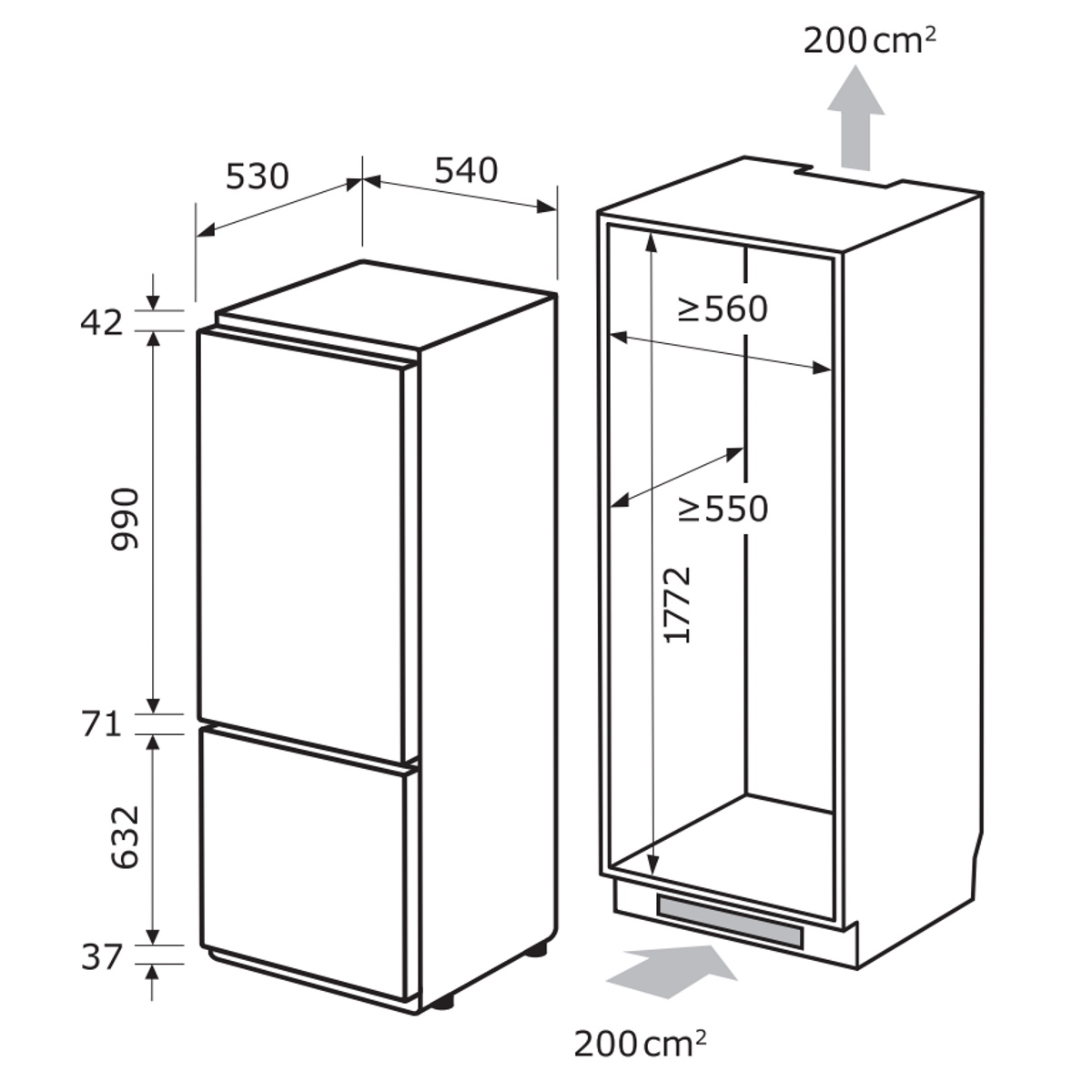 Diagramm eines Kühlschranks mit Maßen in cm, mit zwei Türen.