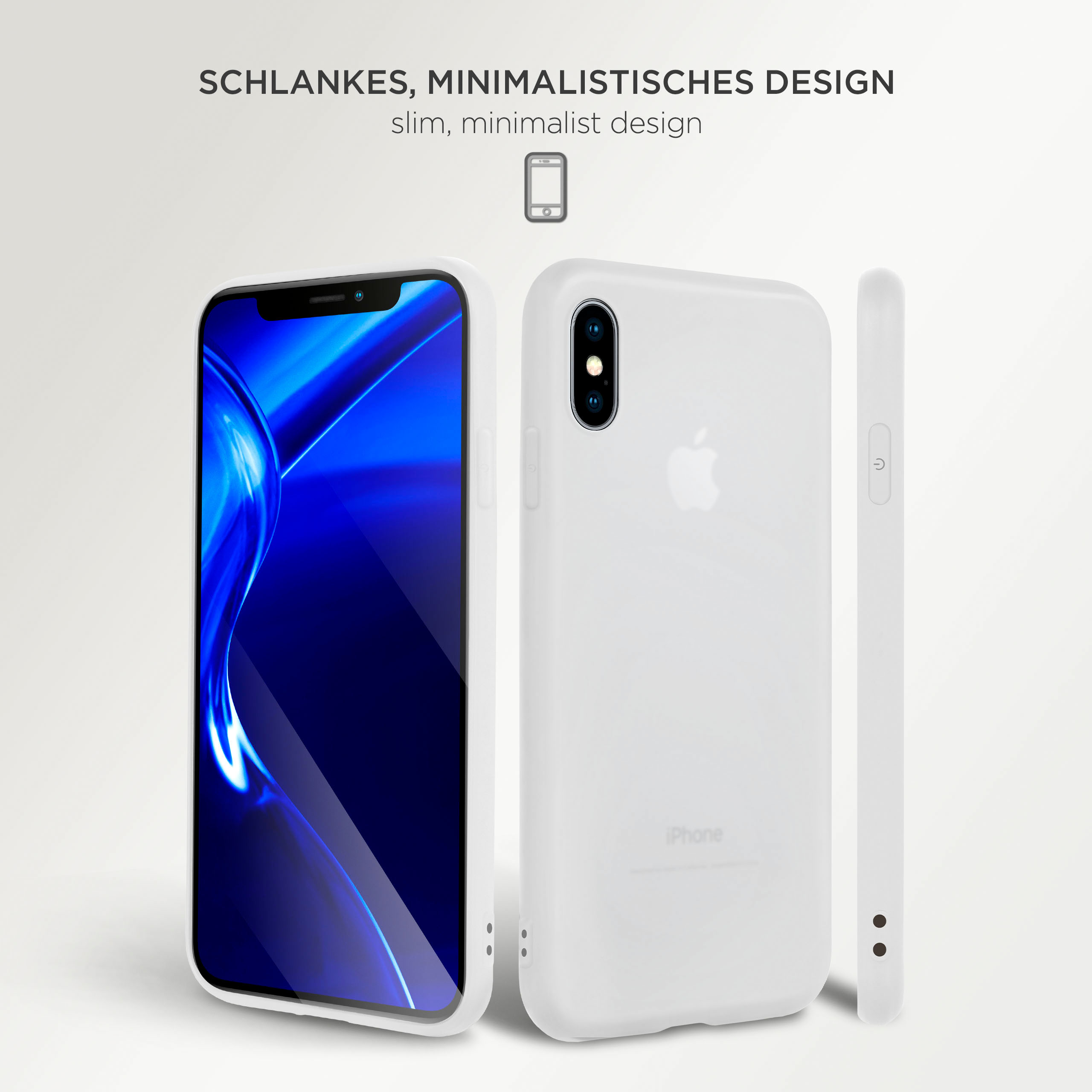 Weiße Handyhülle auf weißem Hintergrund. Telefon links, Hülle rechts. Designt Text oben.
