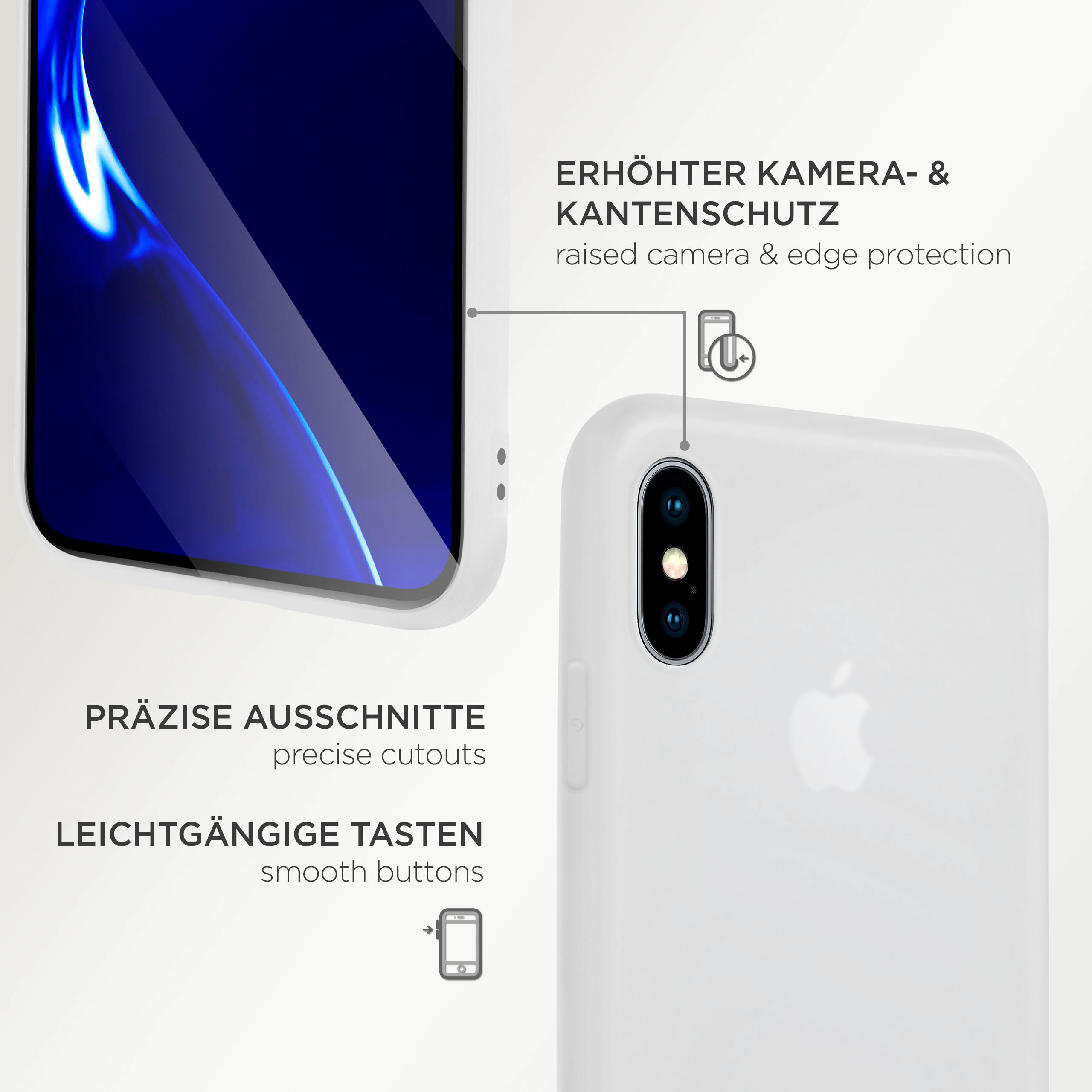 Weißes Handycase auf weißem Hintergrund. Text deutet auf erhöhten Kamera- und Kantenschutz, präzise Aussparungen.