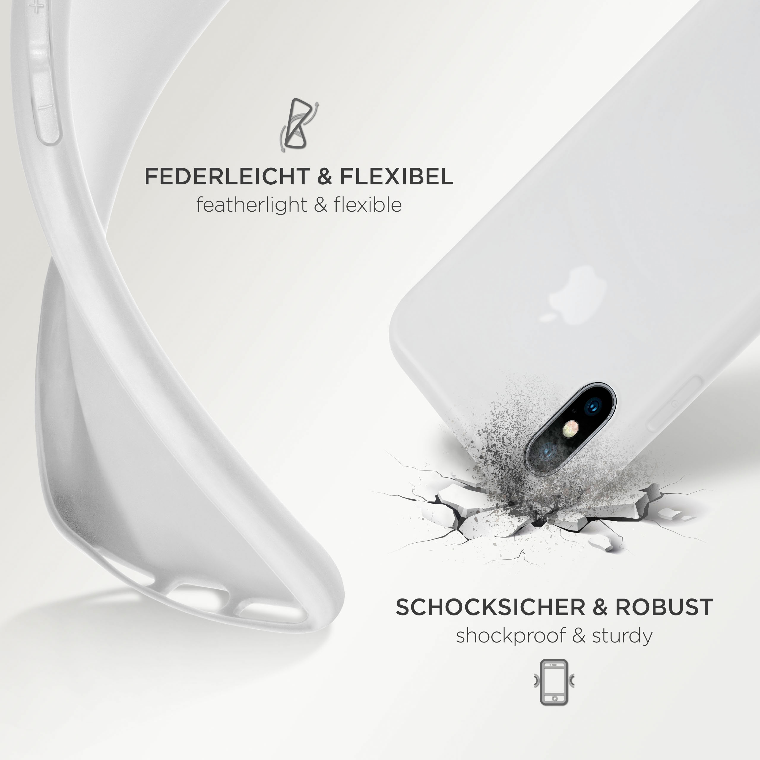 Handyhülle und Telefon in einer Hülle, weißer Hintergrund.