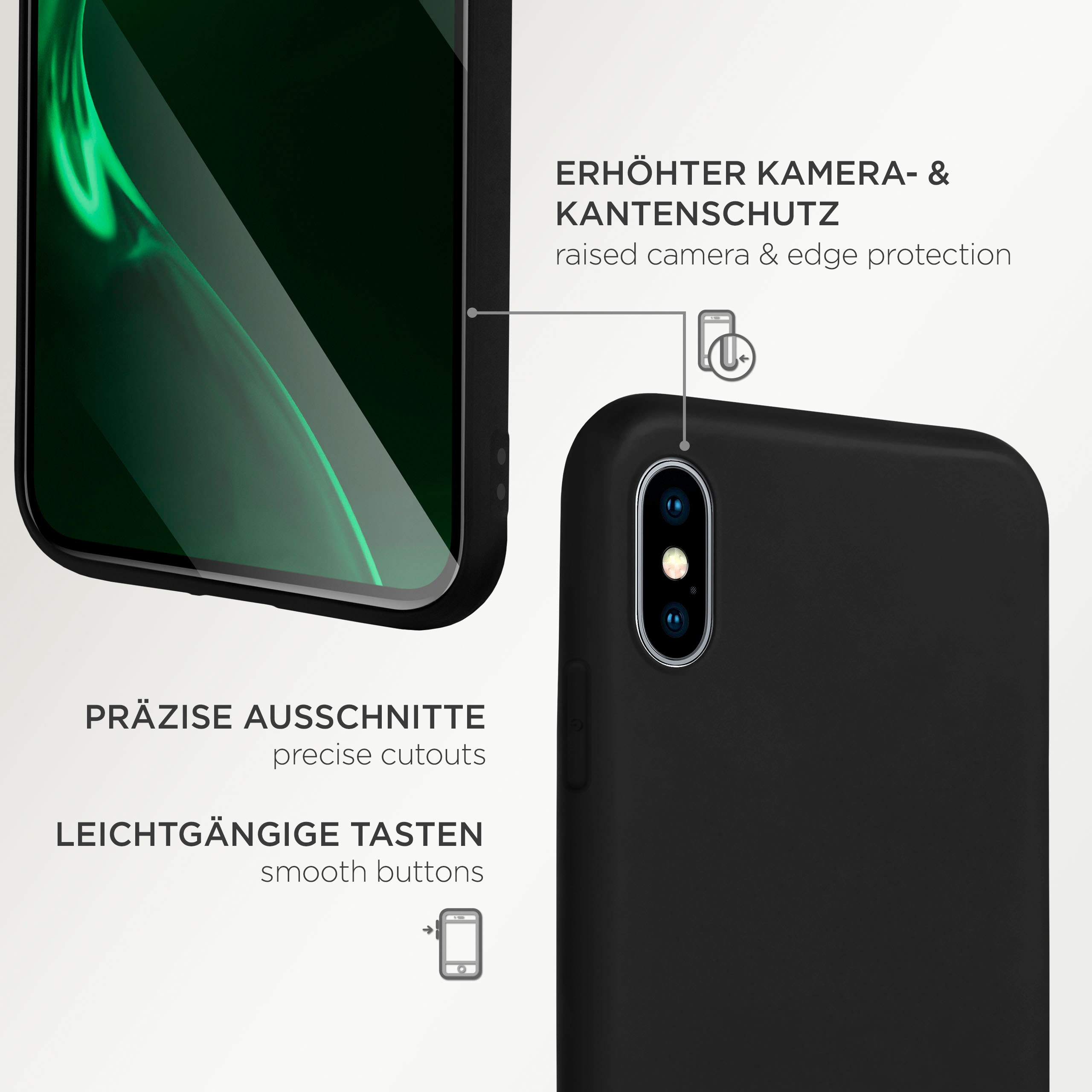 Schwarze Handyhülle mit Bildschirm- und Kameradetails. Text: präzise Ausschnitte und glatte Tasten.