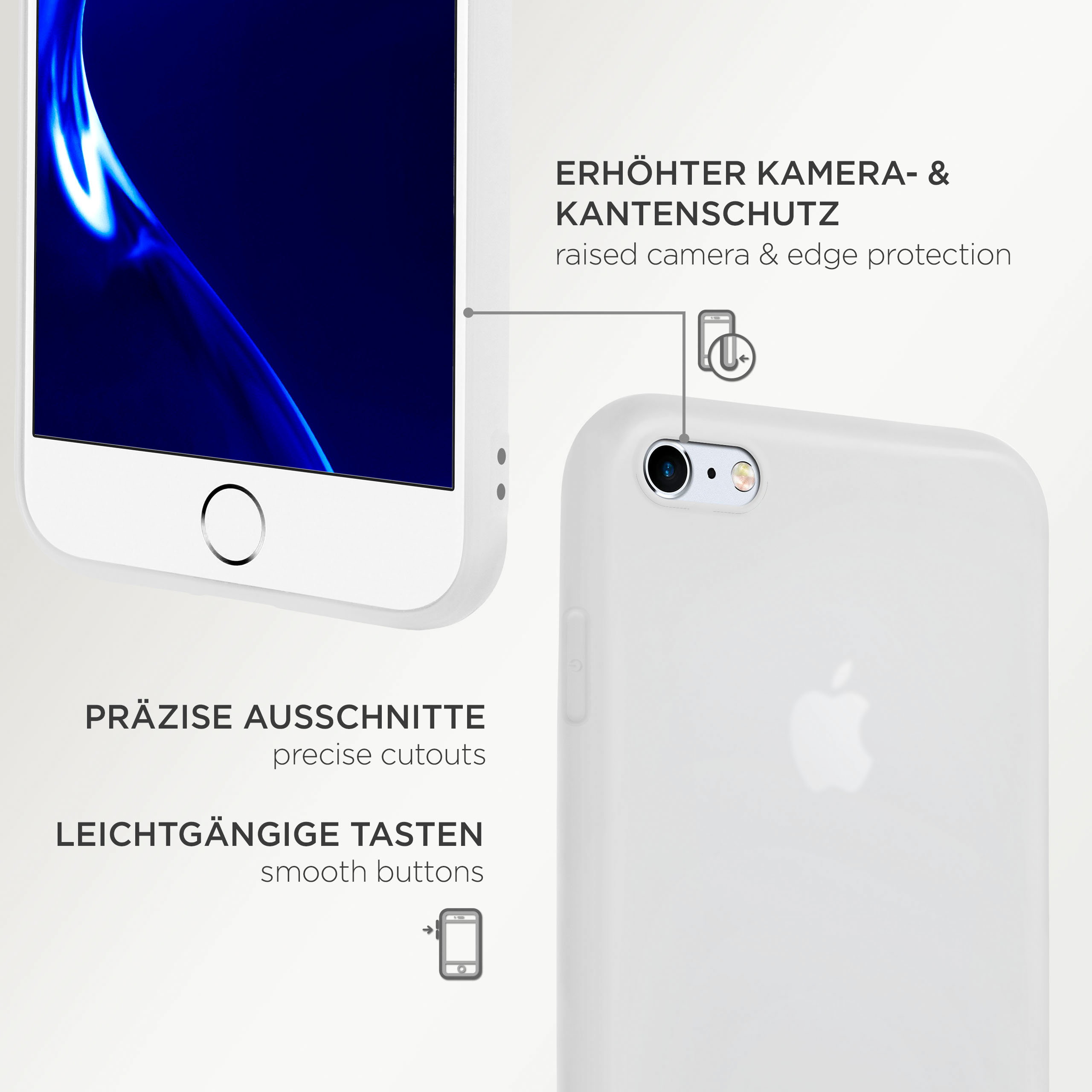Weiße Handyhülle mit Telefon. Text: präzise Aussparungen, glatte Tasten, erhöhter Kameraschutz.