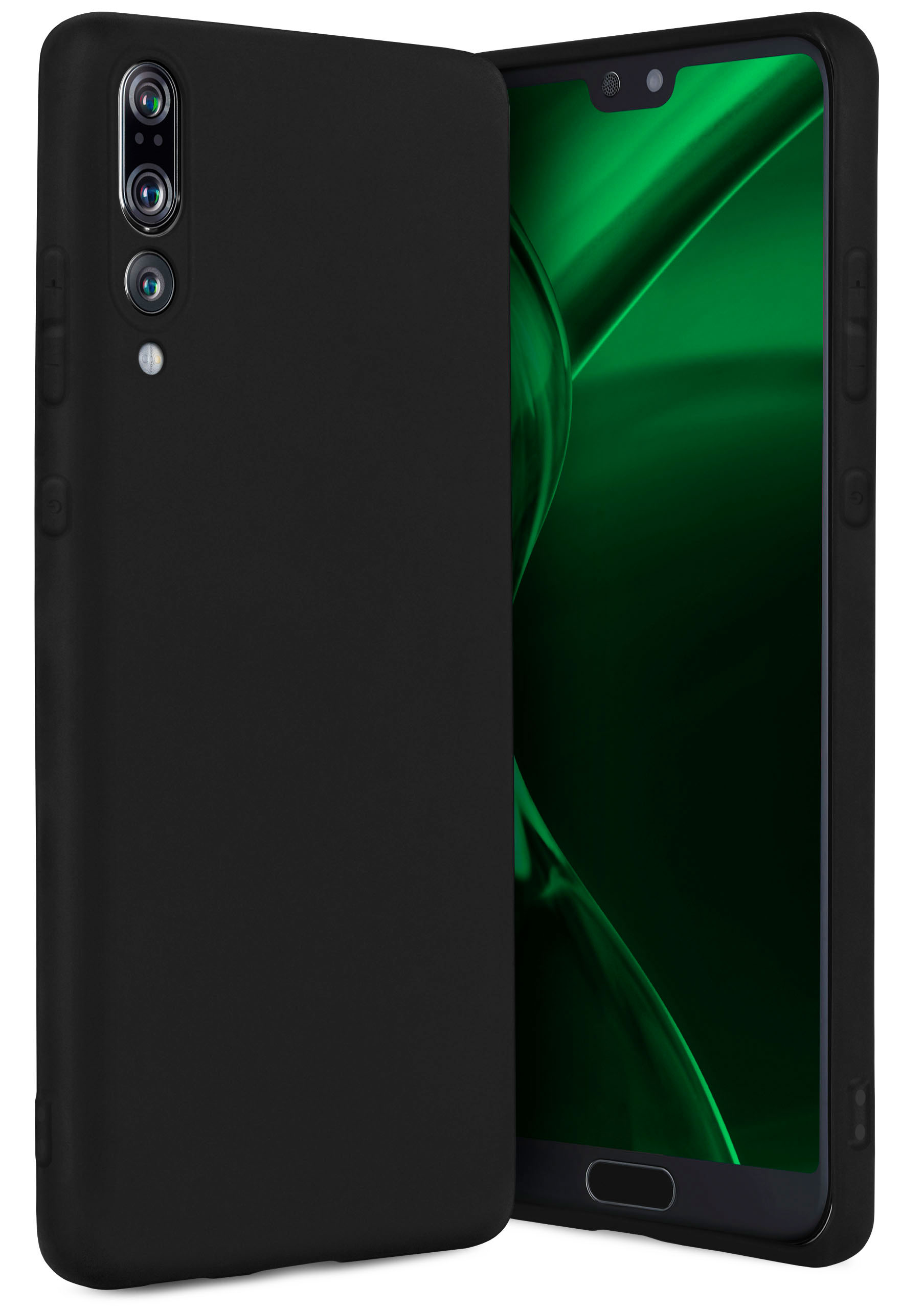 Eine schwarze Handyhülle und ein Telefon. Der Bildschirm zeigt einen grünen Hintergrund.