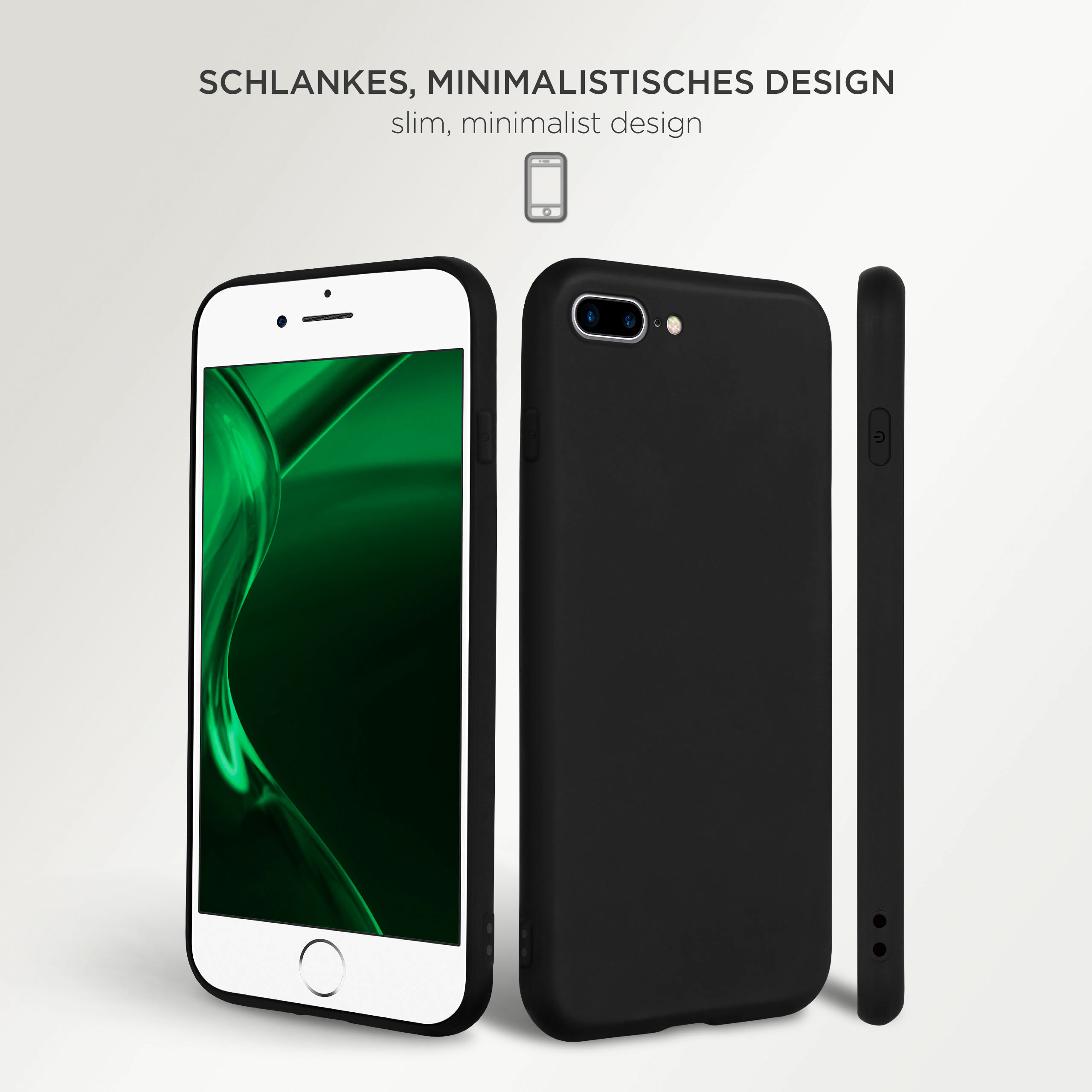 Schwarze Handyhüllen, eine am Telefon, eine daneben. Text: Schlankes, minimalistisches Design.