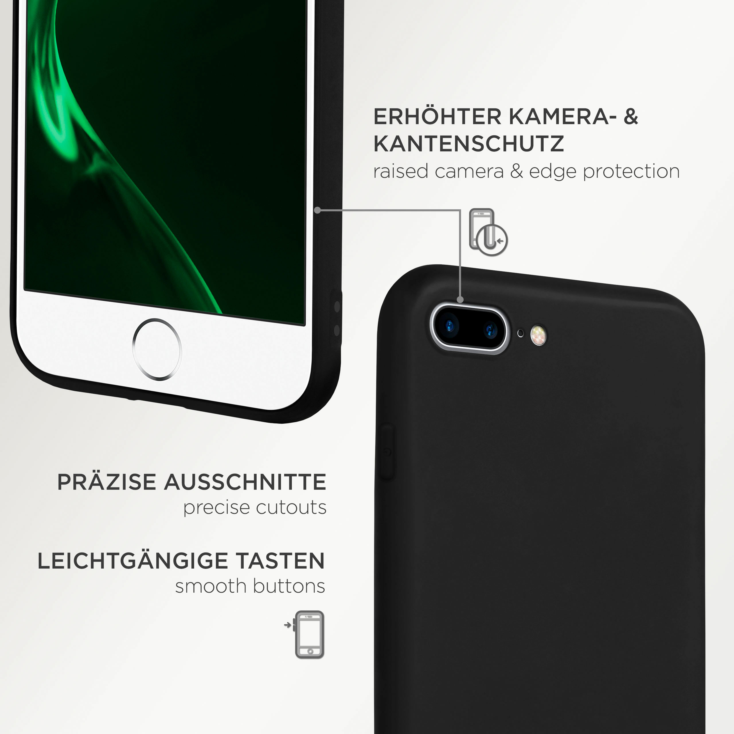 Schwarze Handyhülle mit Telefon, das grüne Anzeige zeigt, mit weißem Hintergrund.