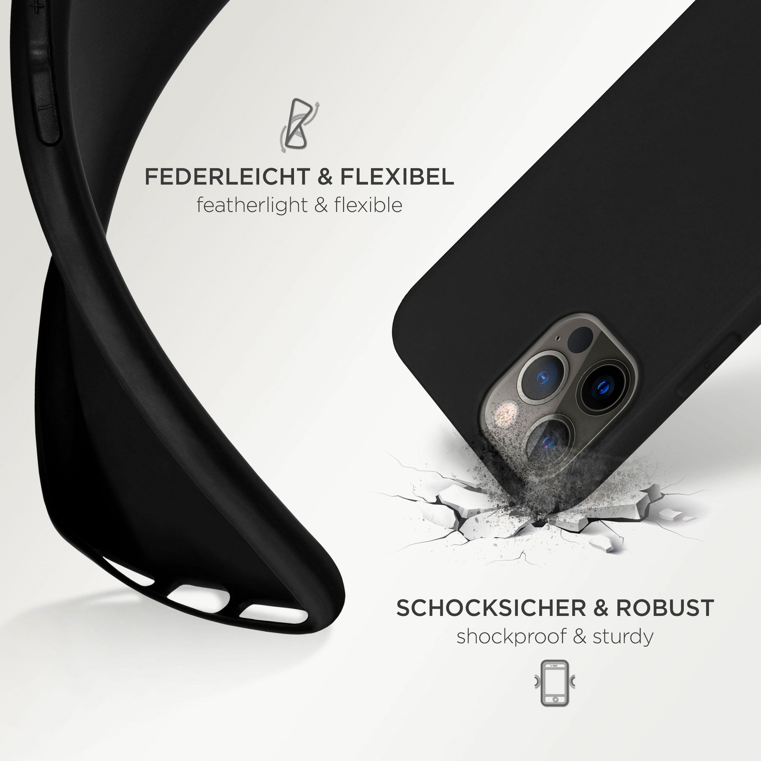 Schwarze Handyhülle, biegbar. Text: Federleicht & flexibel, Stoßfest & robust. Weißer Hintergrund.