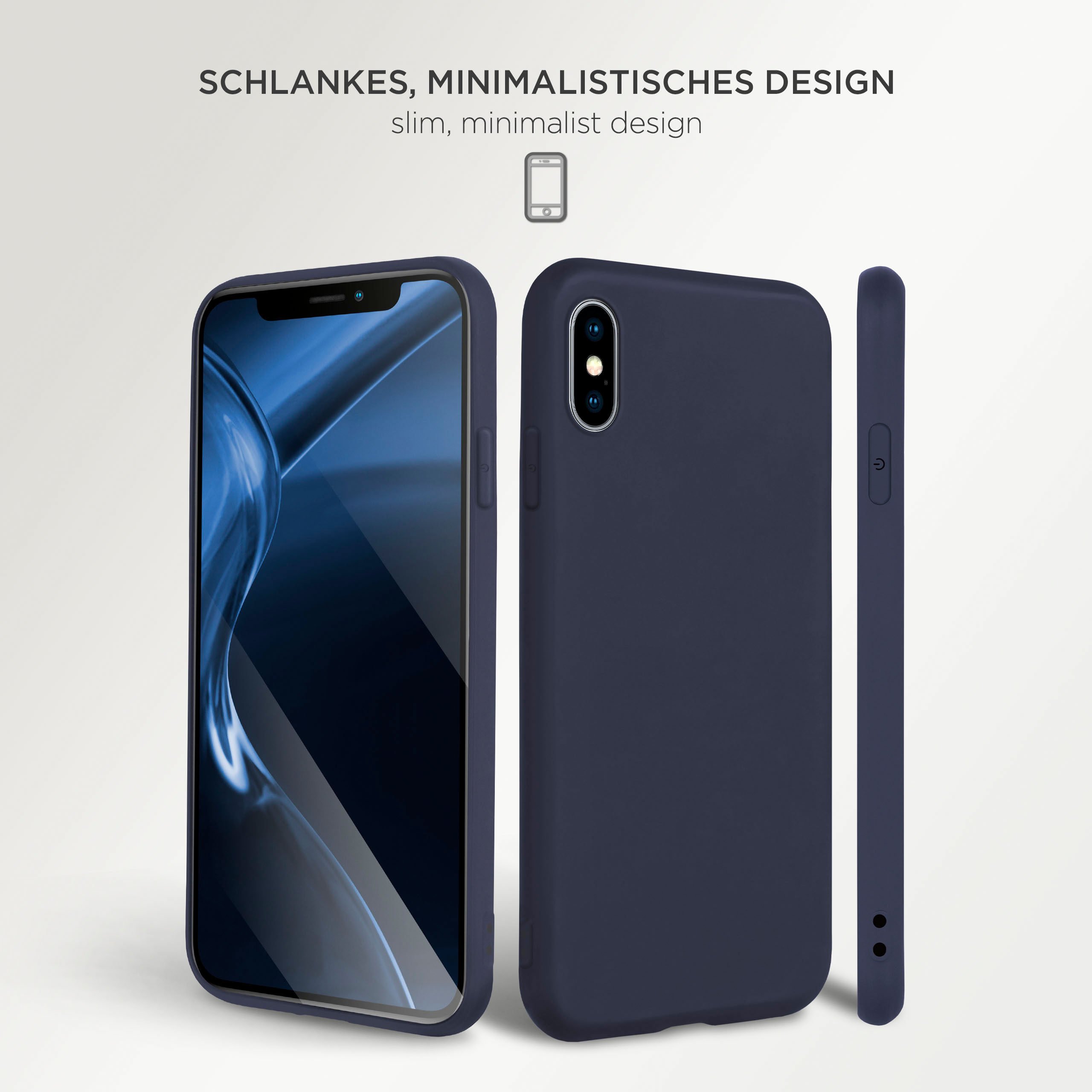 Telefon mit marineblauer Hülle, zeigt blauen Bildschirm, mit zwei weiteren Hüllenansichten. Weißer Hintergrund.