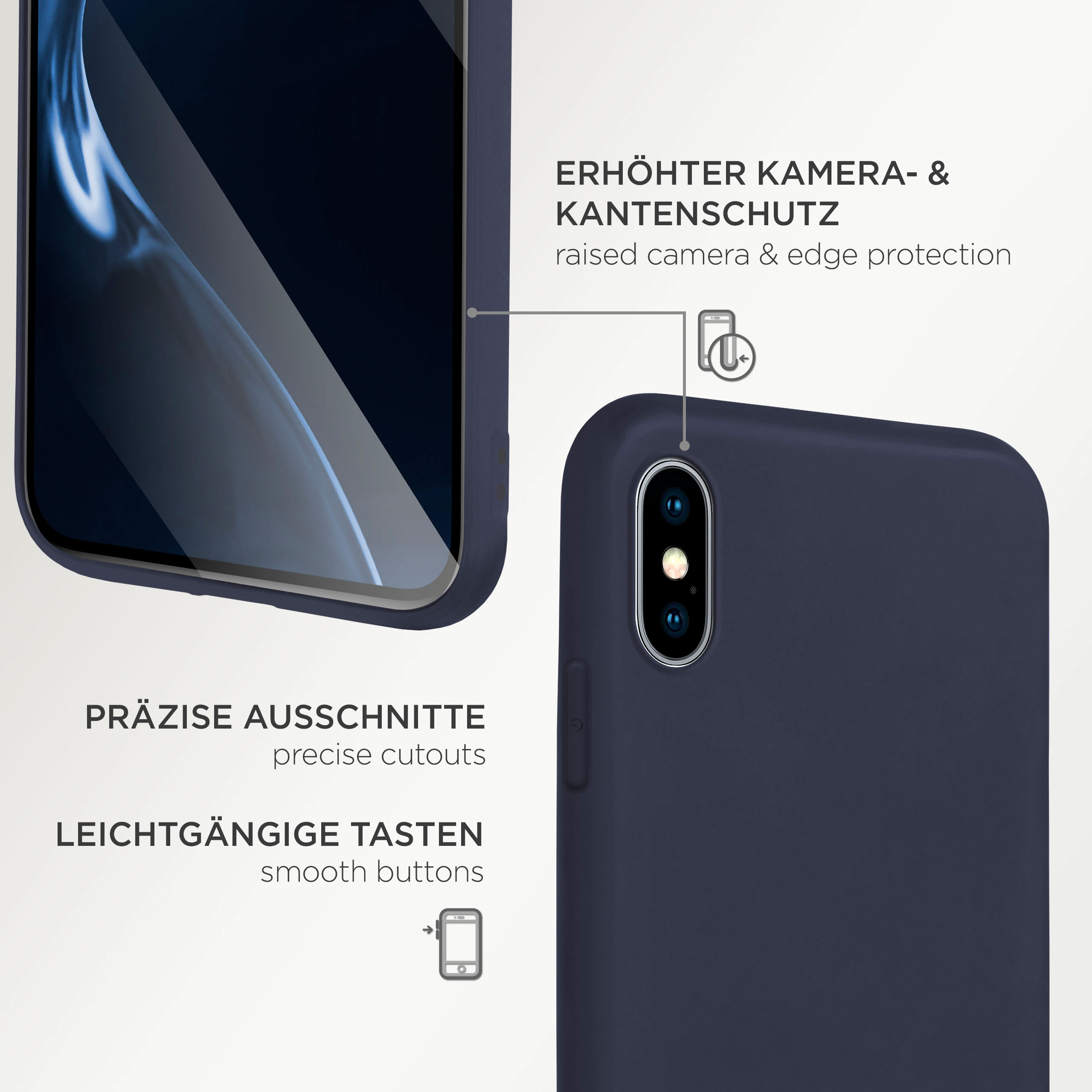 Eine Handyhülle mit dunkelblauem Rücken und einem Telefonbildschirm. Der Text hebt präzise Ausschnitte und glatte Tasten hervor.