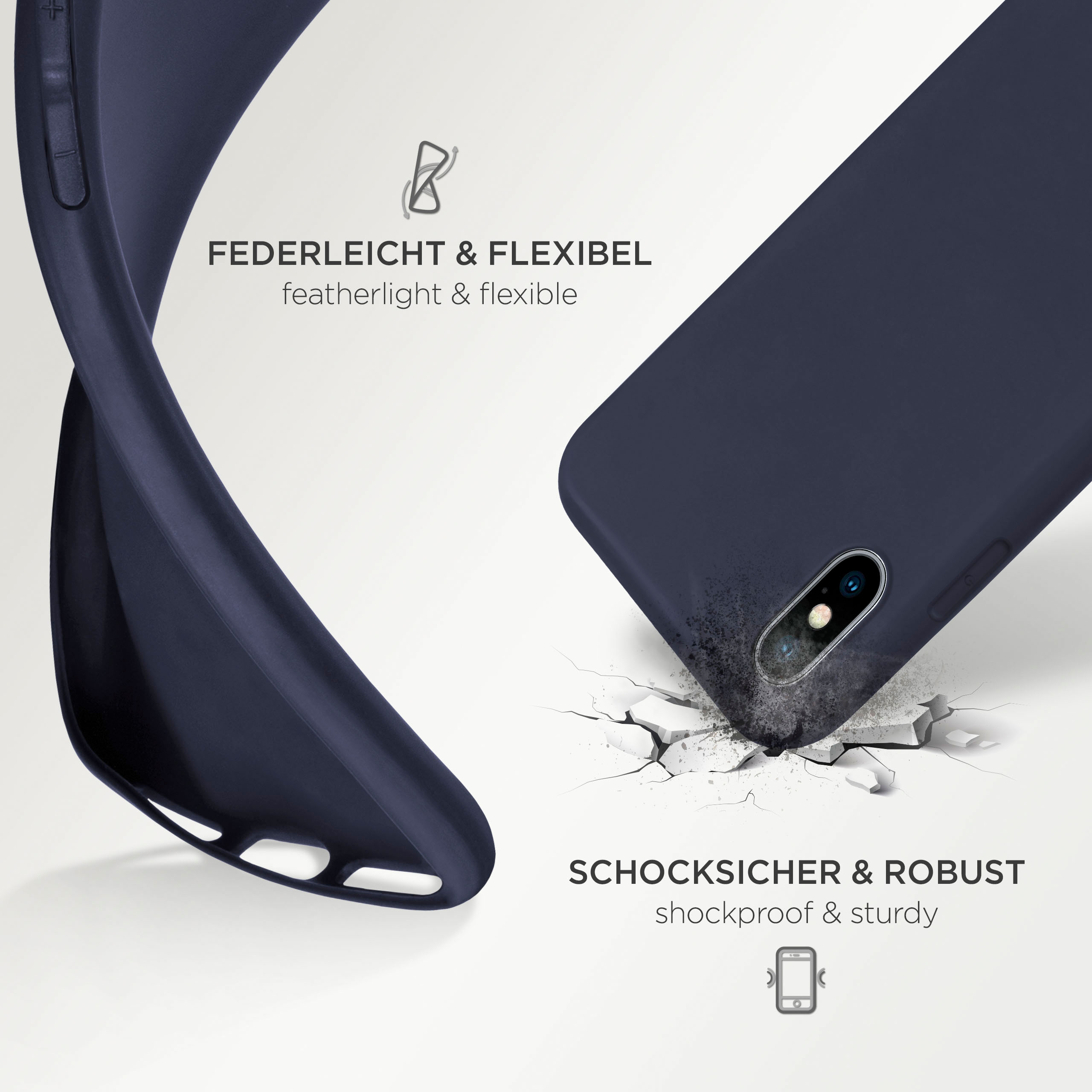 Marineblaue Handyhülle, die sich biegt. Zeigt federleicht & flexibel, stoßsicher & robust. Weißer Hintergrund.