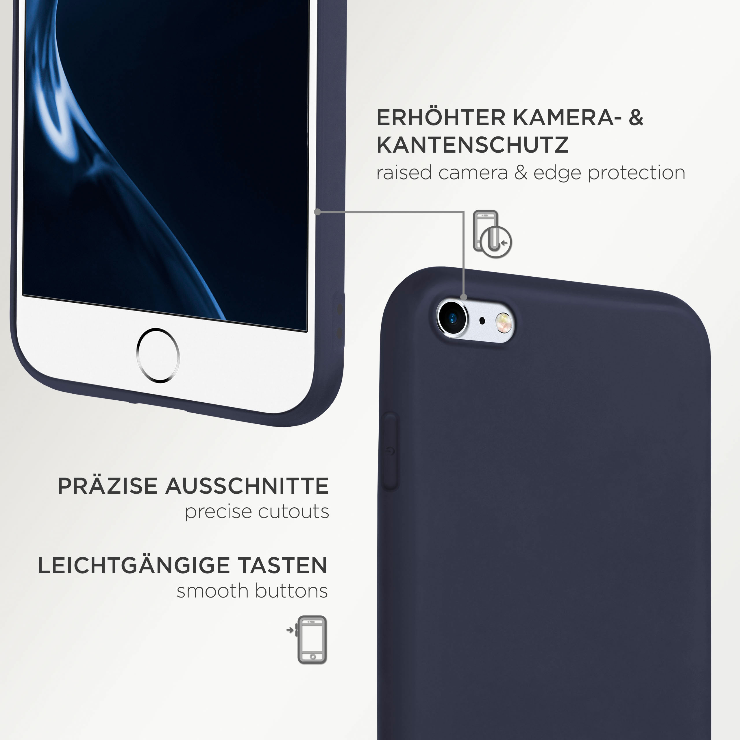 Marineblaue Handyhülle um ein Telefon. Präzise Aussparungen, glatte Tasten, erhöhter Kameraschutz.