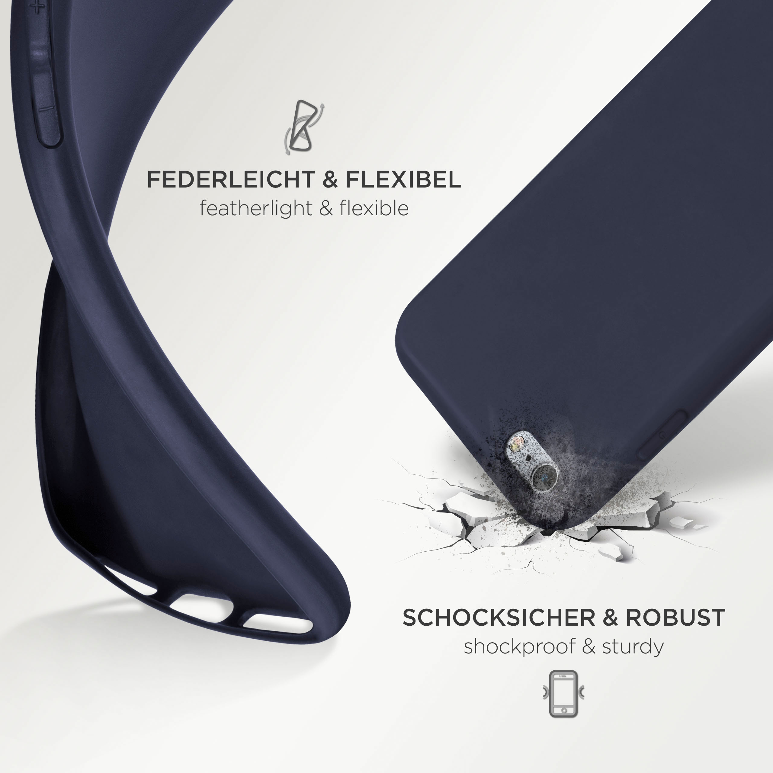 Blaue Handyhülle gebogen, um Flexibilität zu zeigen, Text über Stoßfestigkeit & Flexibilität.