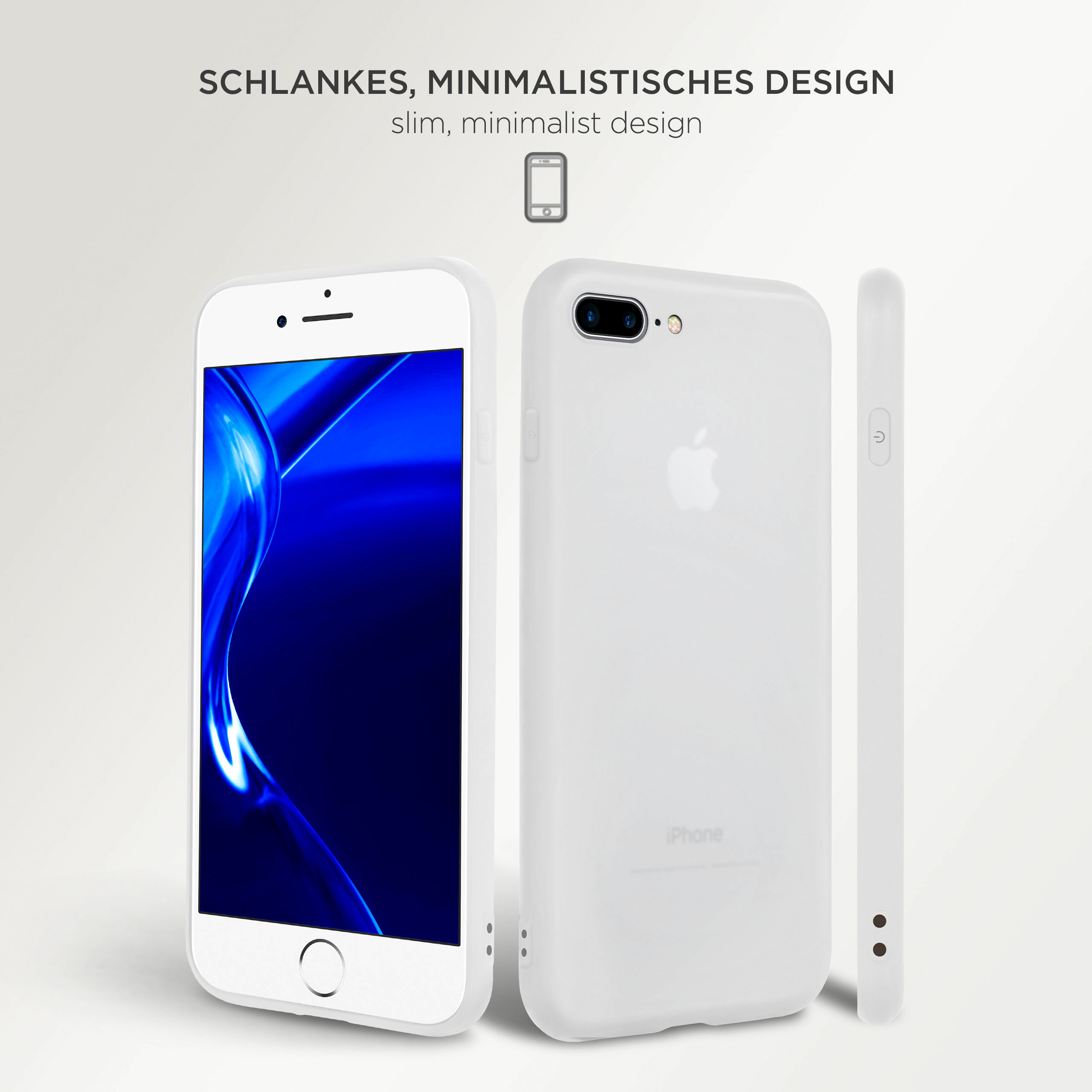 Weißes Handycase mit minimalistischem Design. Weißes Handy mit blauem Bildschirm, Seitenansicht des Cases.