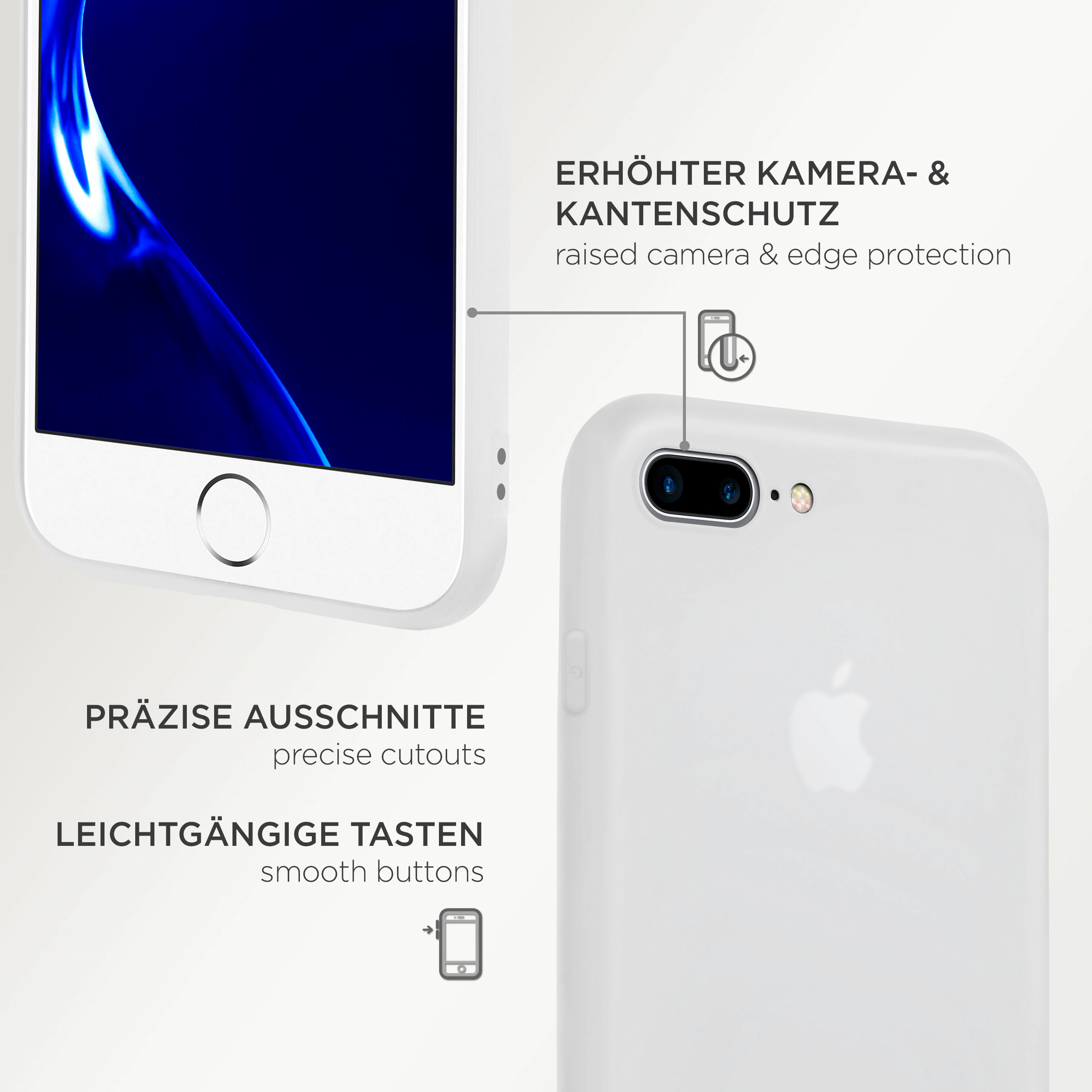 Weiße Handyhülle mit weißem Hintergrund, Text hebt Kamera- und Knopfschutz hervor.