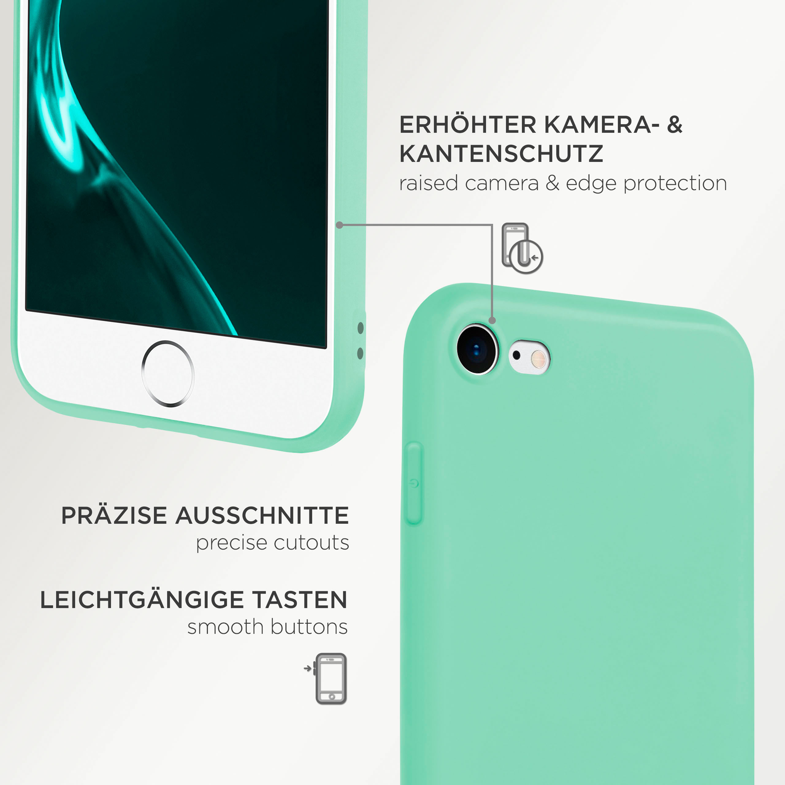 Eine mintgrüne Handyhülle mit einem Telefon darin. Text hebt präzise Ausschnitte und glatte Tasten hervor.