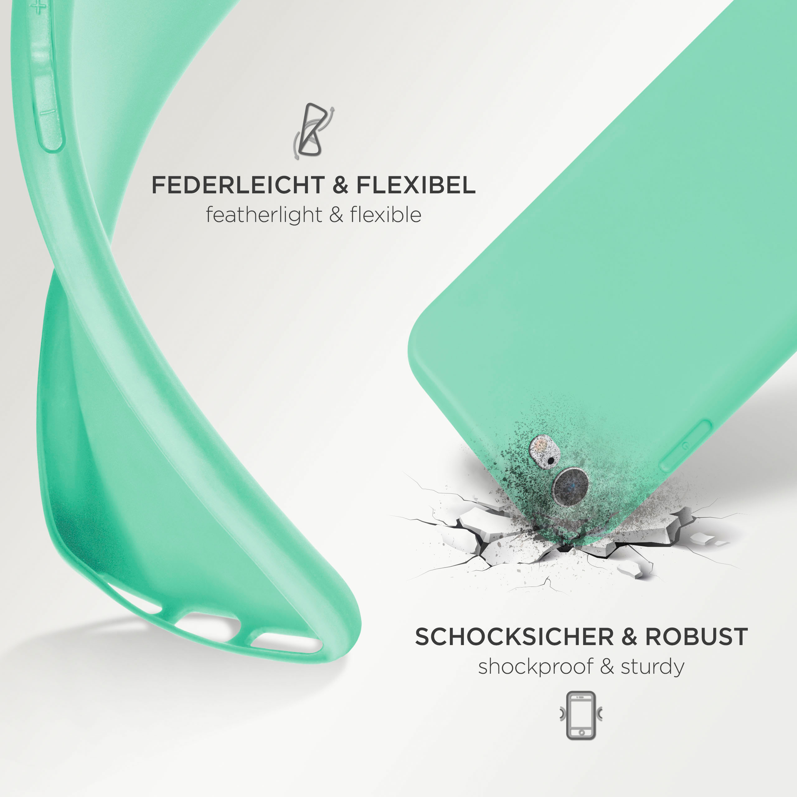 Mintgrüne Handyhülle mit Telefon, das die Oberfläche zerbricht. Zeigt Flexibilität und Robustheit.
