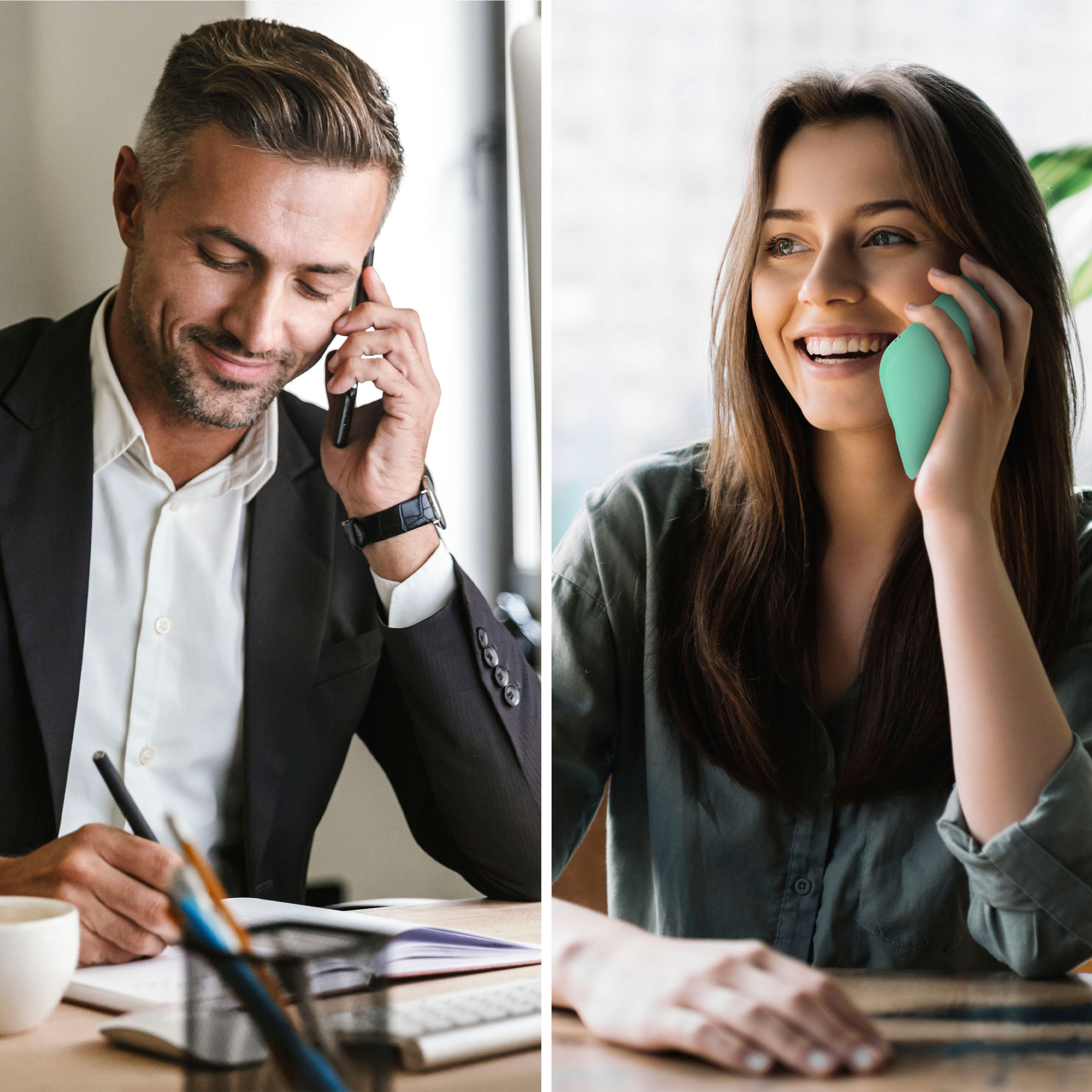 Zwei Personen telefonieren, eine schreibt am Schreibtisch, die andere lächelt am türkisfarbenen Telefon, in separaten Rahmen.