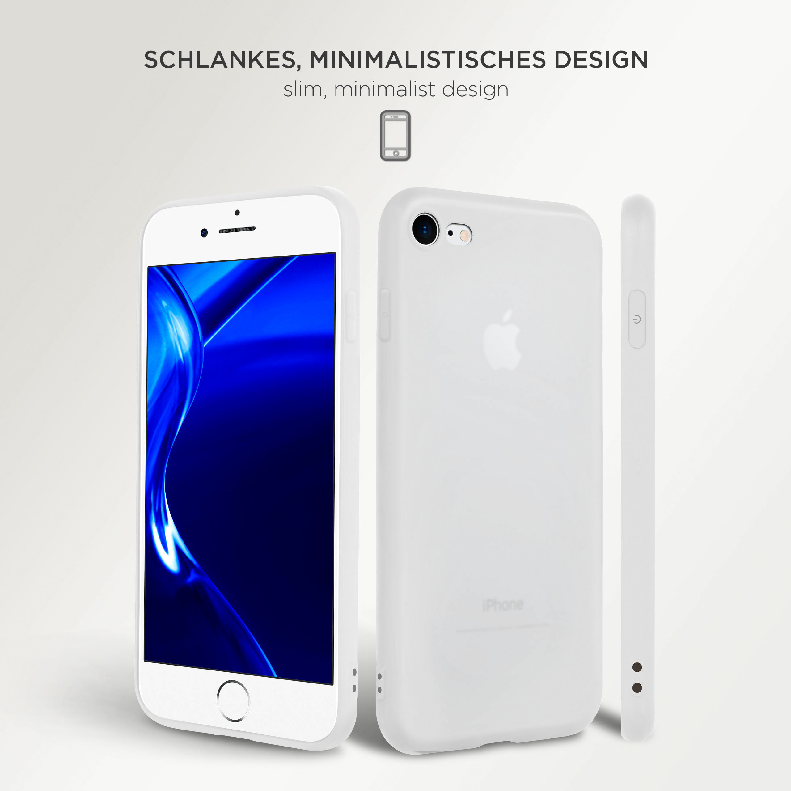 Weiße Handyhülle mit Telefon. Text: Schlankes, minimalistisches Design. Verschiedene Ansichten der Hülle.