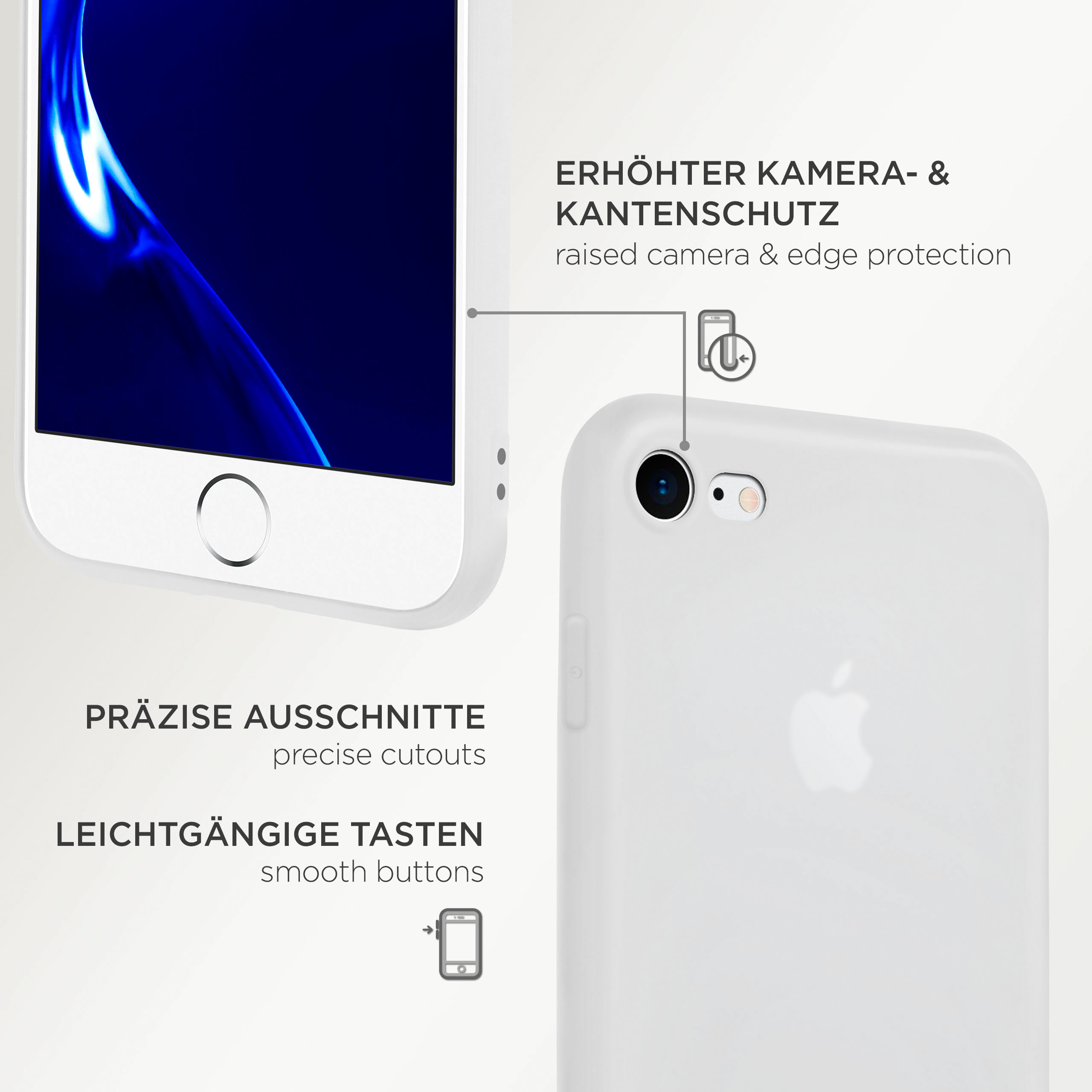 Weißes Telefon, Nahaufnahme. Details: präzise Aussparungen, glatte Tasten, erhöhter Kameraschutz.
