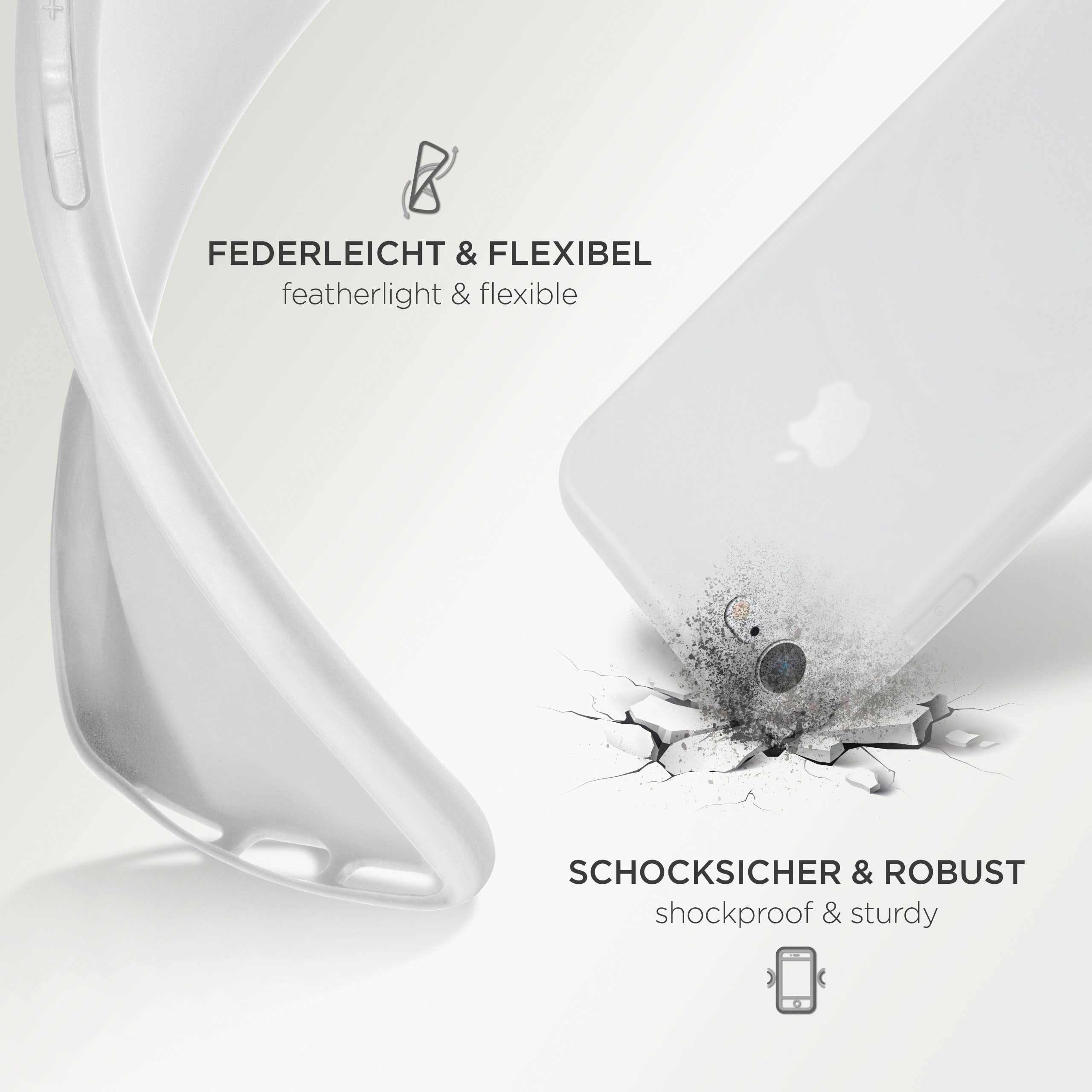Eine zerbrochene Displayschutzfolie mit einem Telefon. Der Schutz ist klar und flexibel mit dem Telefon.