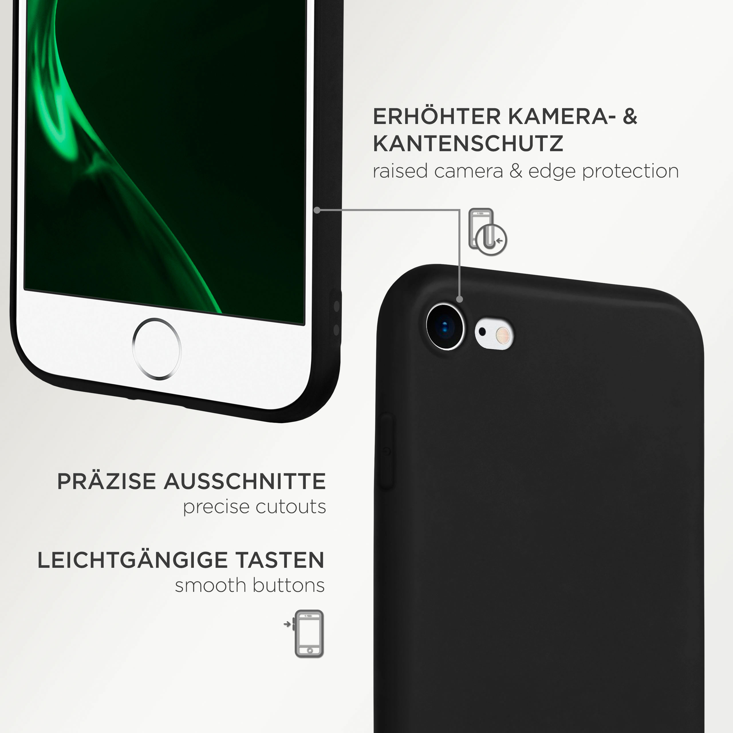 Schwarze Handyhülle mit präzisen Aussparungen. Erhöhter Kamera- und Kantenschutz. Glatte Tasten.