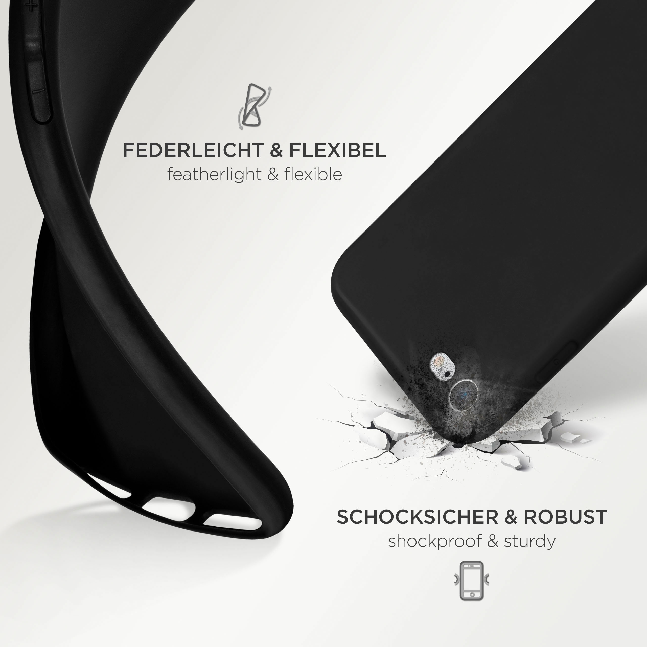 Schwarze Handyhülle, die sich biegt. Zeigt federleicht & flexibel, stoßsicher & robust. Weißer Hintergrund.
