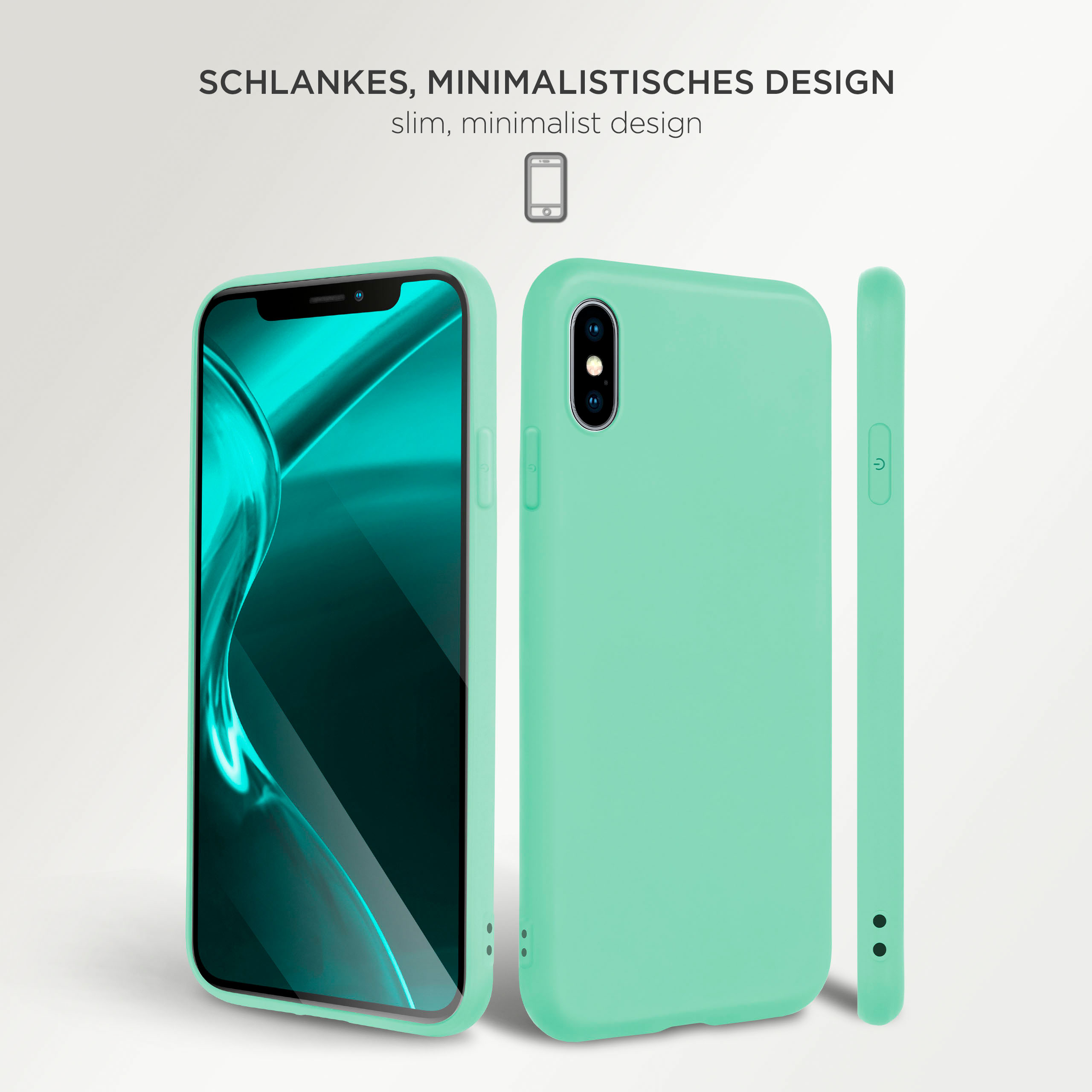 Minzfarbene Handyhülle mit Telefon links. Eine andere Hülle rechts. Text: Schlankes, minimalistisches Design.