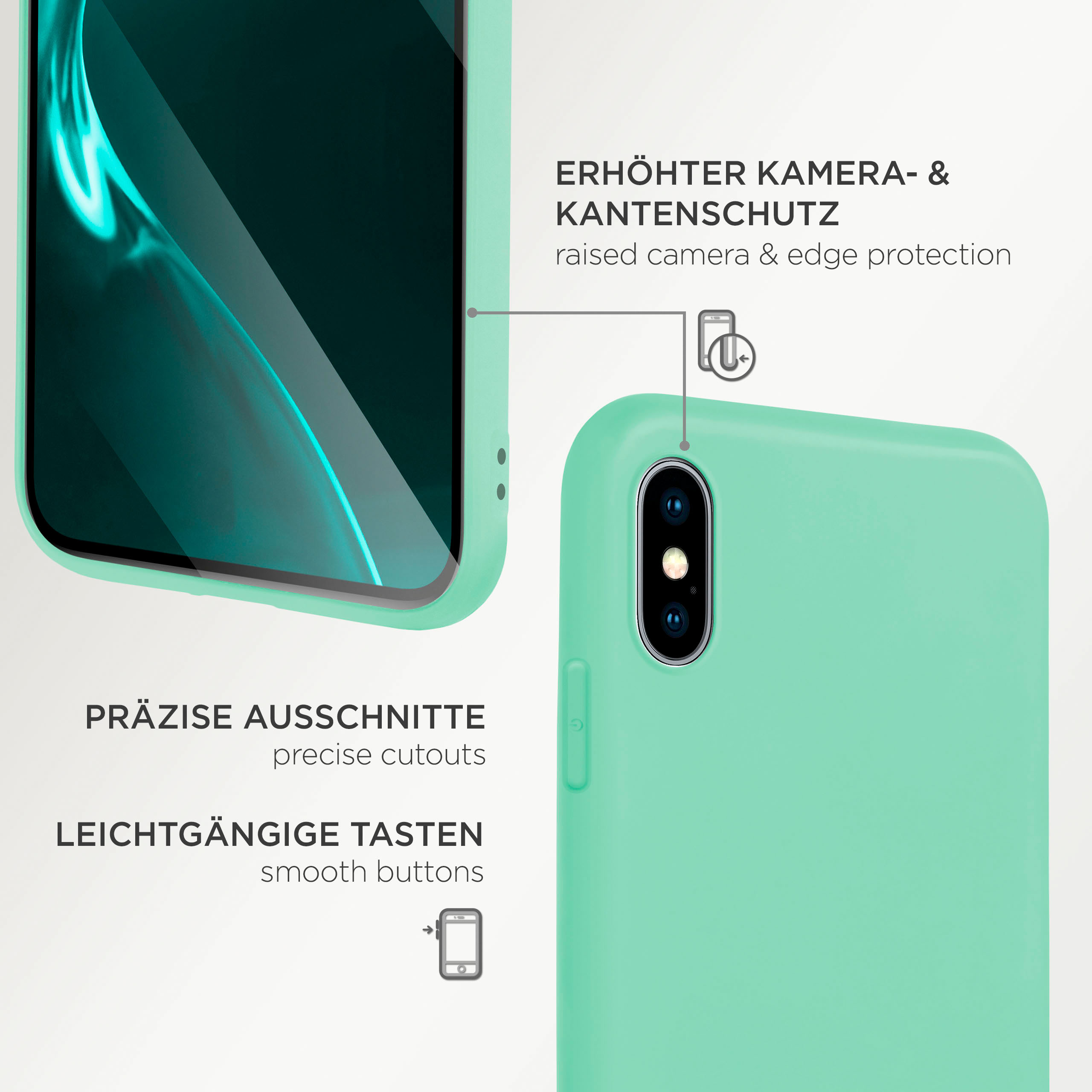 Eine mintgrüne Handyhülle mit Nahaufnahme der Kamera und Knöpfe, mit Textbeschriftungen.