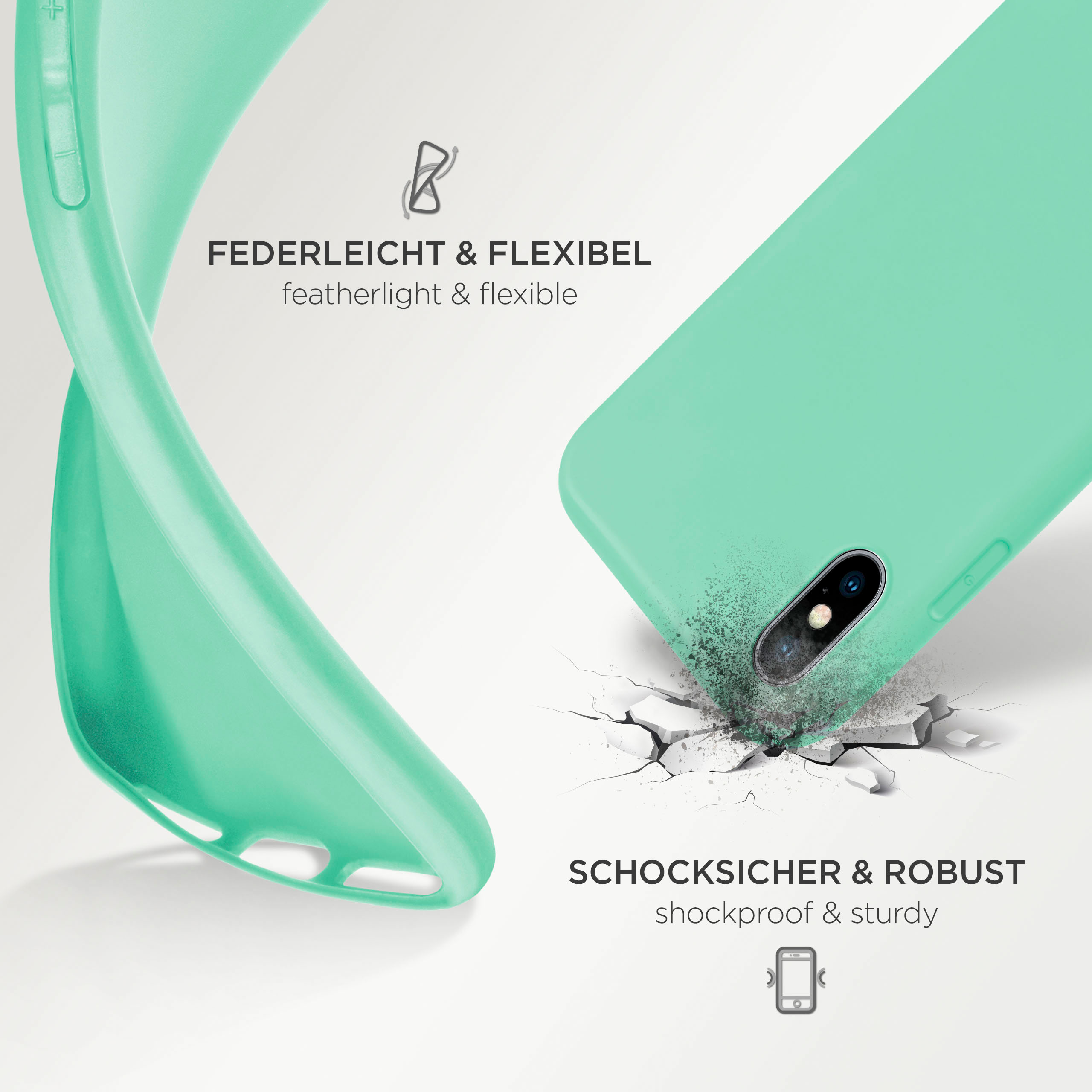 Eine mintgrüne Handyhülle. Sie hat eine glatte, flexible Textur und zeigt eine zerbrochene Oberfläche.