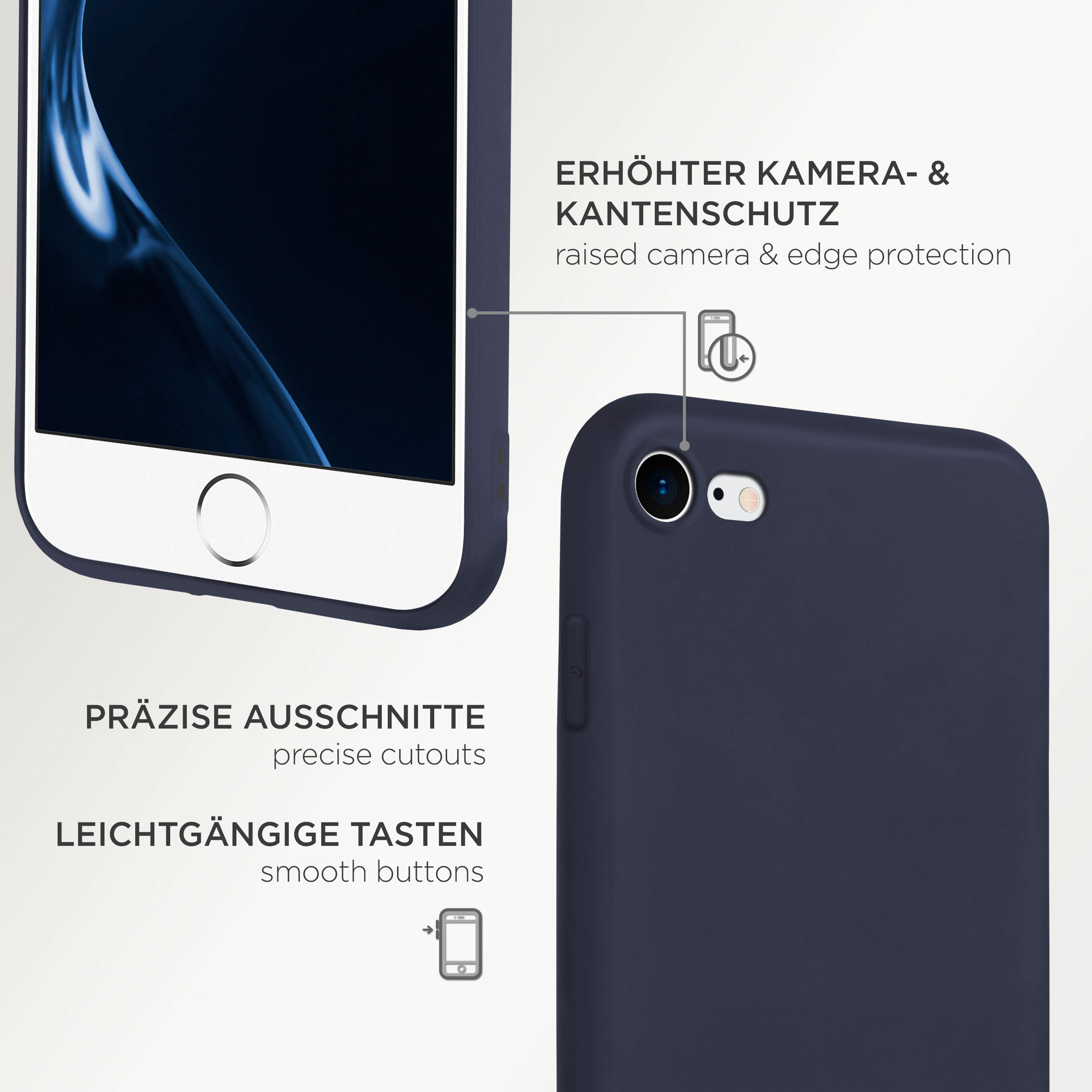 Marineblaue Handyhülle mit weißem Telefon. Die Hülle hat präzise Aussparungen und erhöhten Kameraschutz.