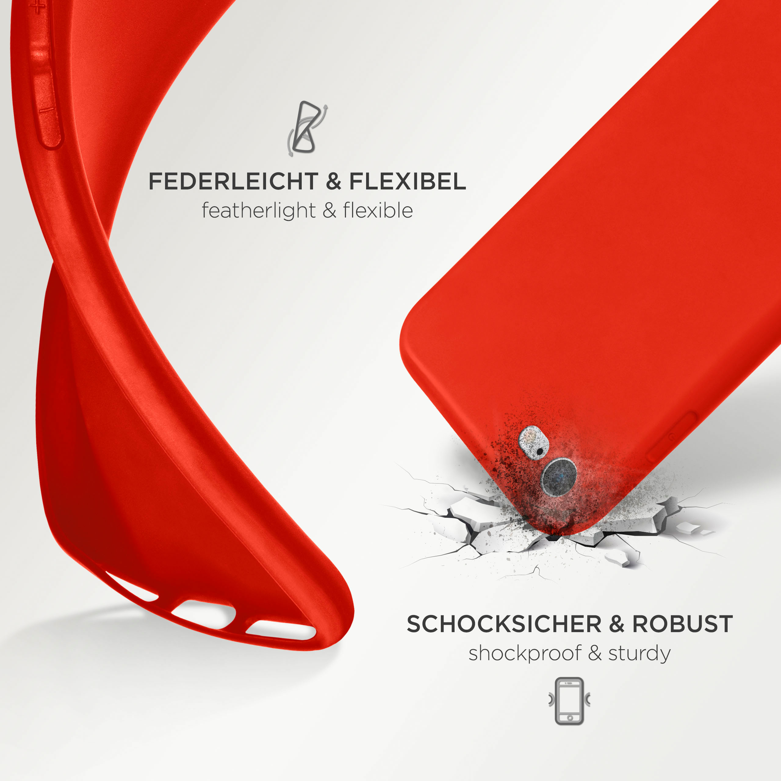 Rote Telefonhülle gebogen, mit Text: federleicht & flexibel, stoßfest & robust.
