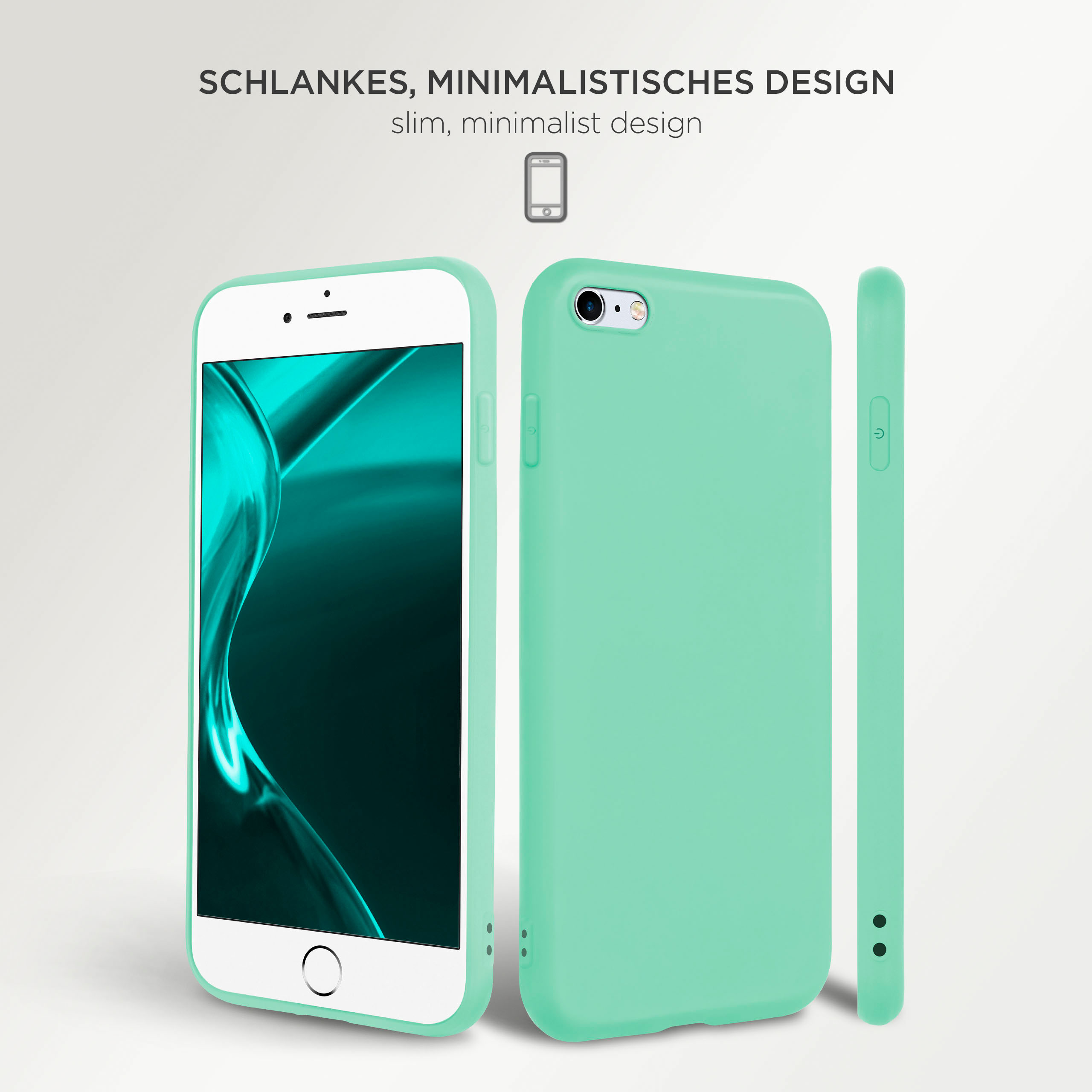 Eine mintgrüne Handyhülle mit einem weißen Telefon. Es hat ein schlankes, minimalistisches Design und glatte Tasten.