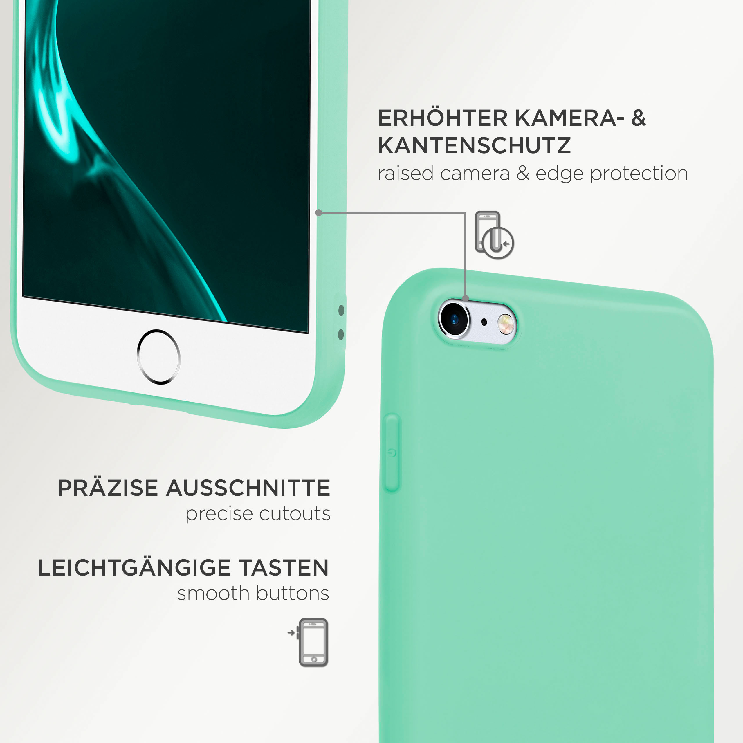 Minzgrüne Handyhülle. Präzise Ausschnitte und glatte Tasten.