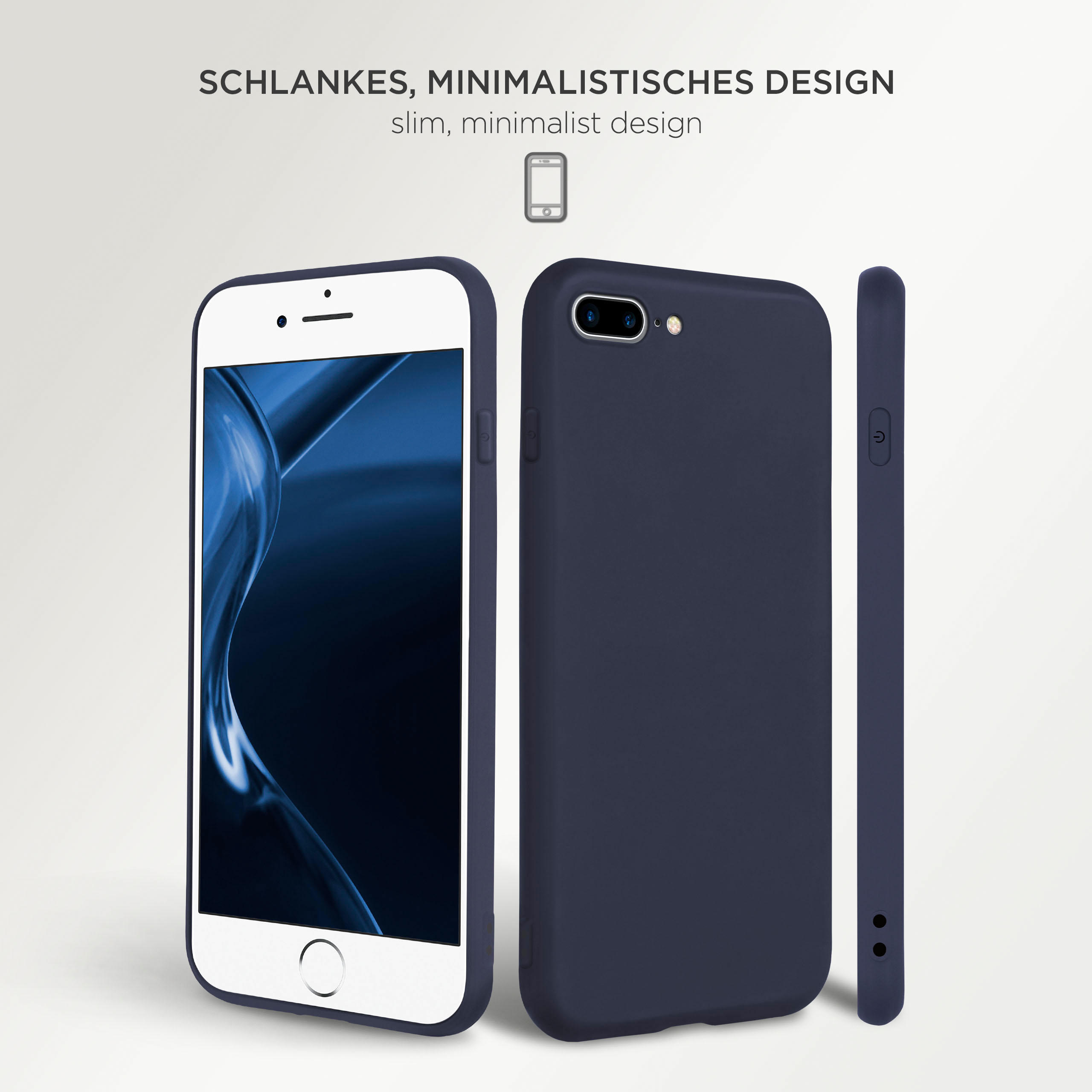 Schlanke marineblaue Handyhülle. Telefon links, Seitenansicht und Rückseite. Weißer Hintergrund.