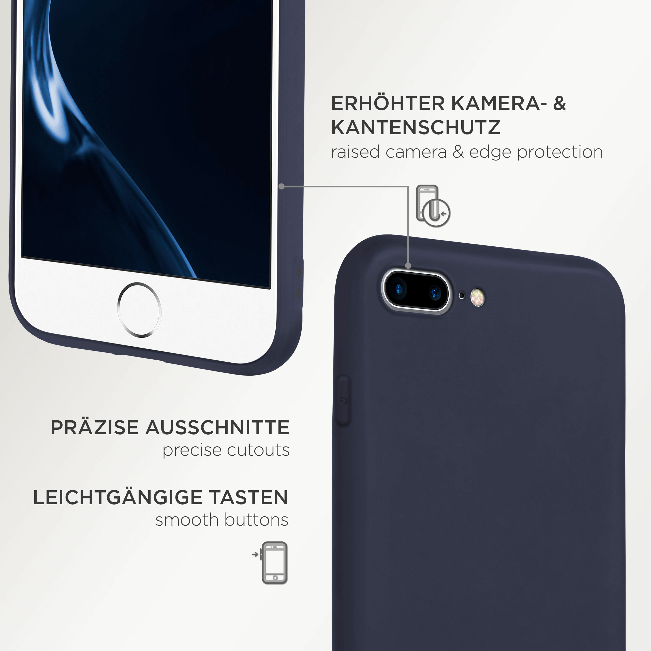 Eine blaue Handyhülle mit einem Telefon darin. Text beschreibt präzise Aussparungen und glatte Tasten.